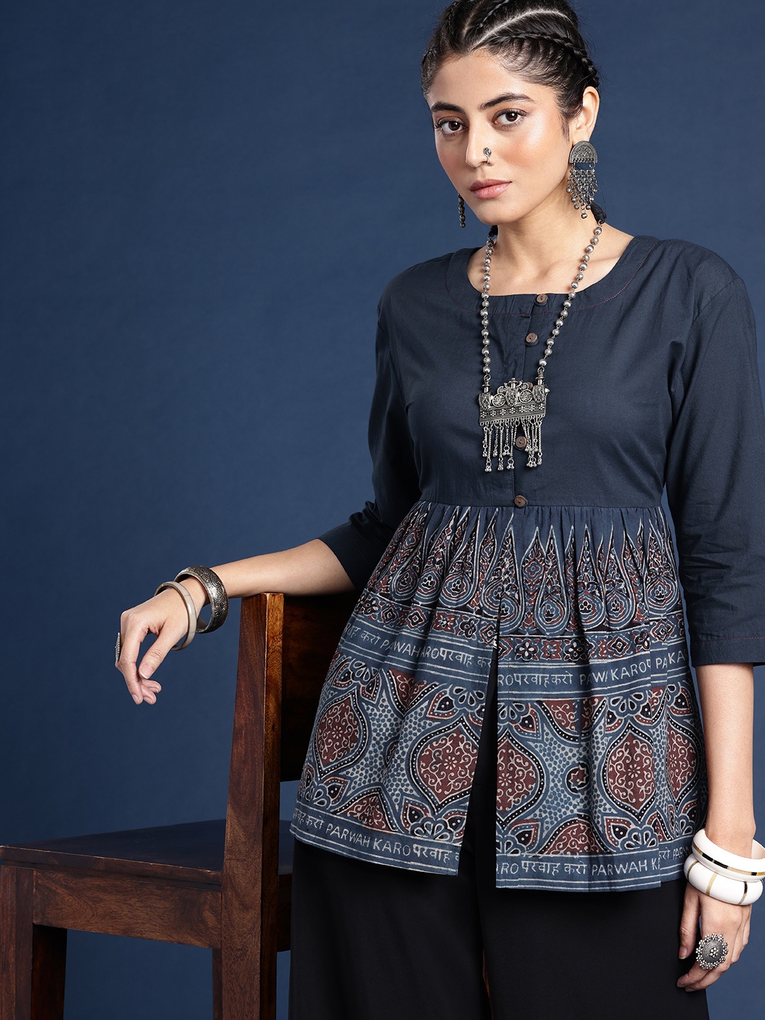 

Taavi Ajrakh Ethnic Motifs Printed Pure Cotton Peplum Top, Navy blue