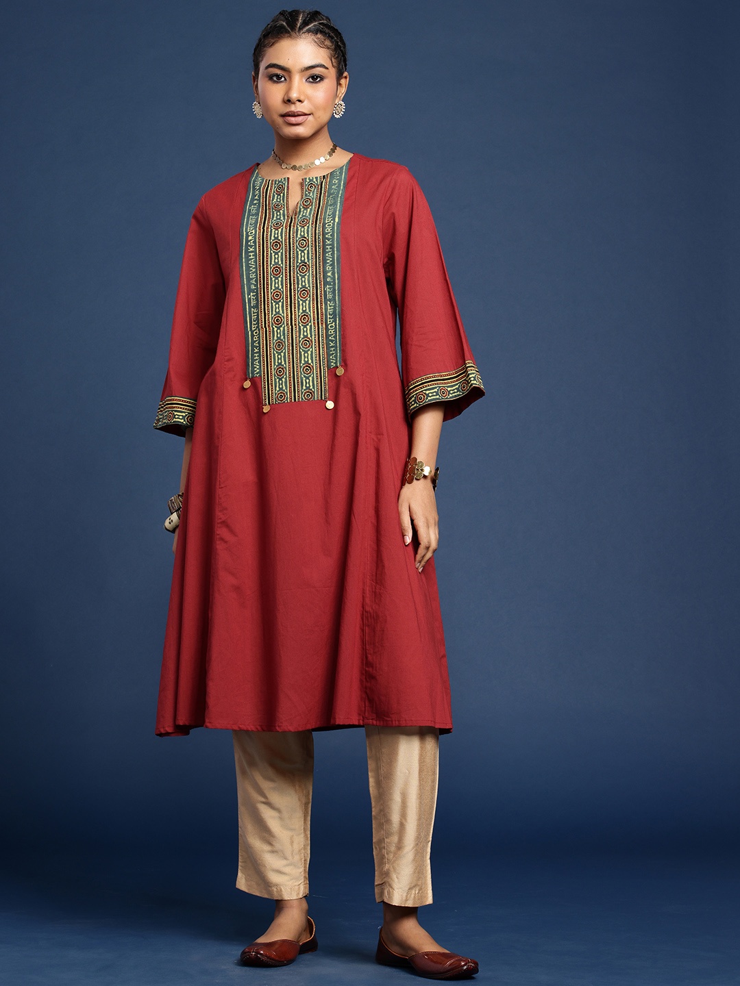 

Taavi Ajrakh Ethnic Motifs Yoke Design A-Line Pure Cotton Kurta, Maroon