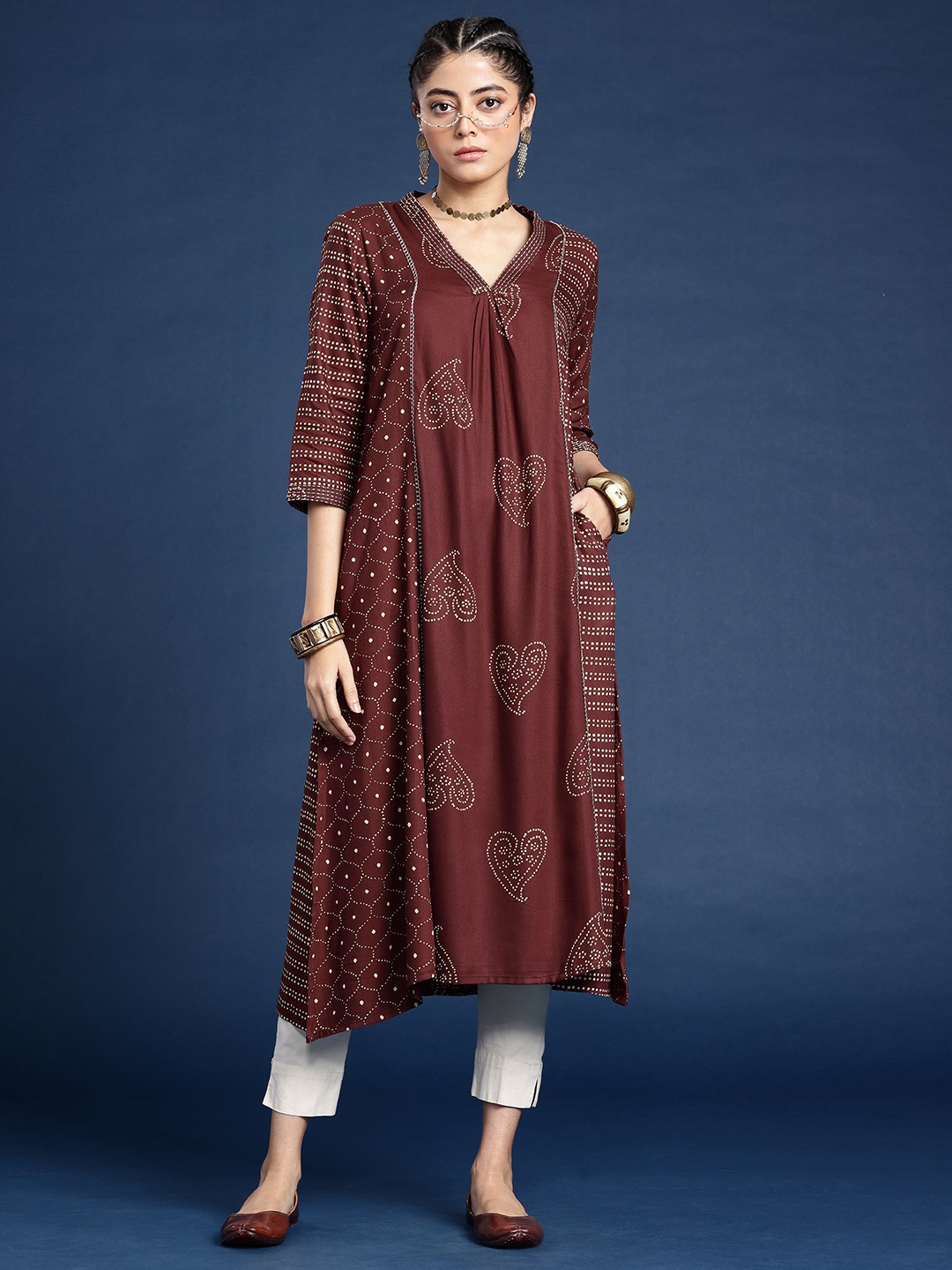 

Taavi Bindu Ethnic Motifs Printed Zari Work A-Line Kurta, Brown