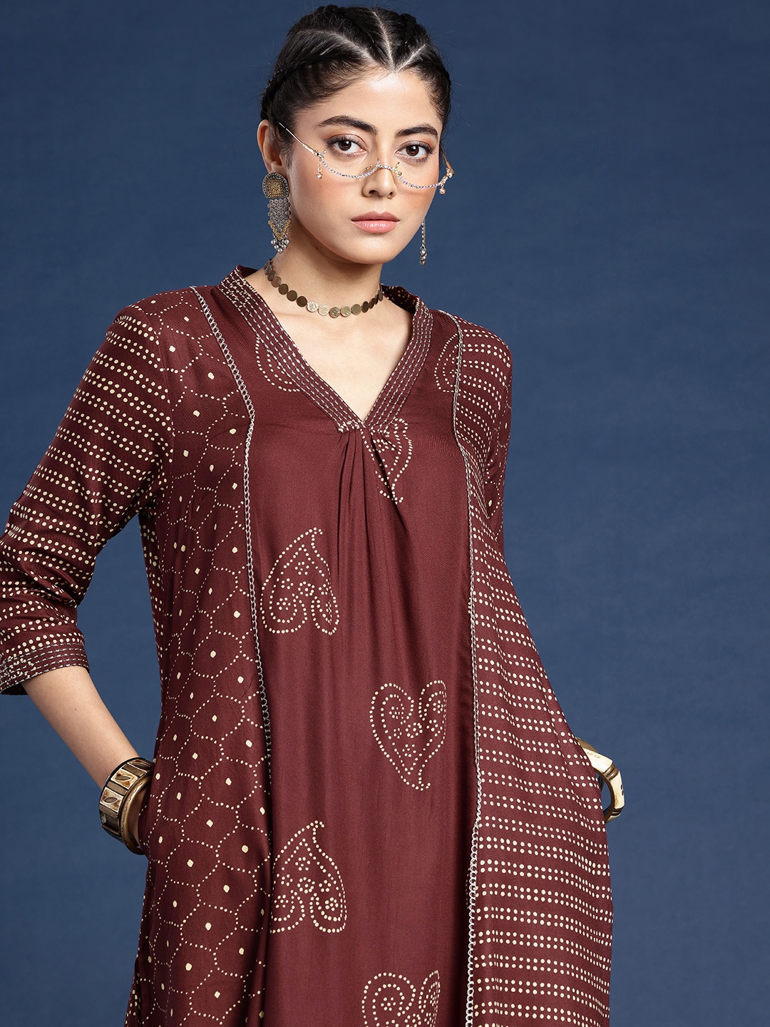 

Taavi Bindu Ethnic Motifs Printed Zari Work A-Line Kurta, Brown