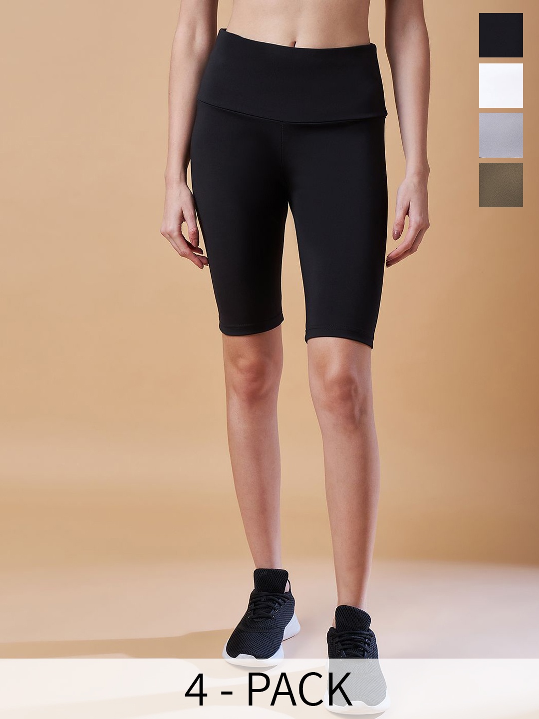 

COLOR CAPITAL Women Pack Of 4 Antimicrobial Above Knee Length Training Tights, Black