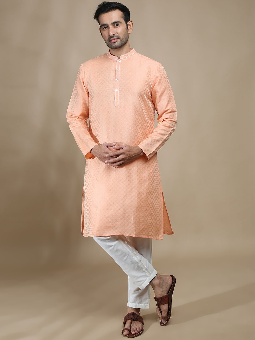 

FILORI Woven Design Mandarin Collar Jacquard Straight Kurta, Peach