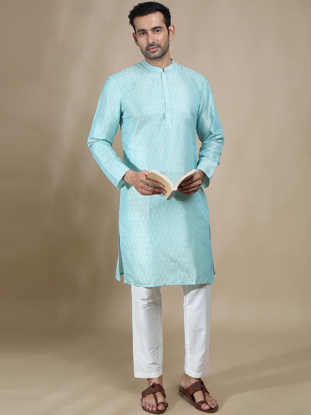 

FILORI Floral Woven Design Mandarin Collar Straight Chikankari Art Silk Kurta, Blue