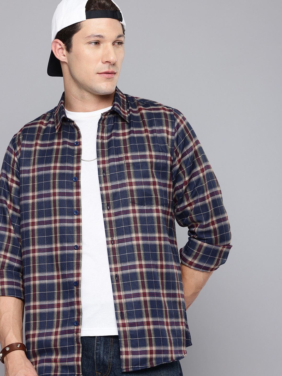 

R.Code by The Roadster Life Co. Tartan Checked Casual Shirt, Navy blue