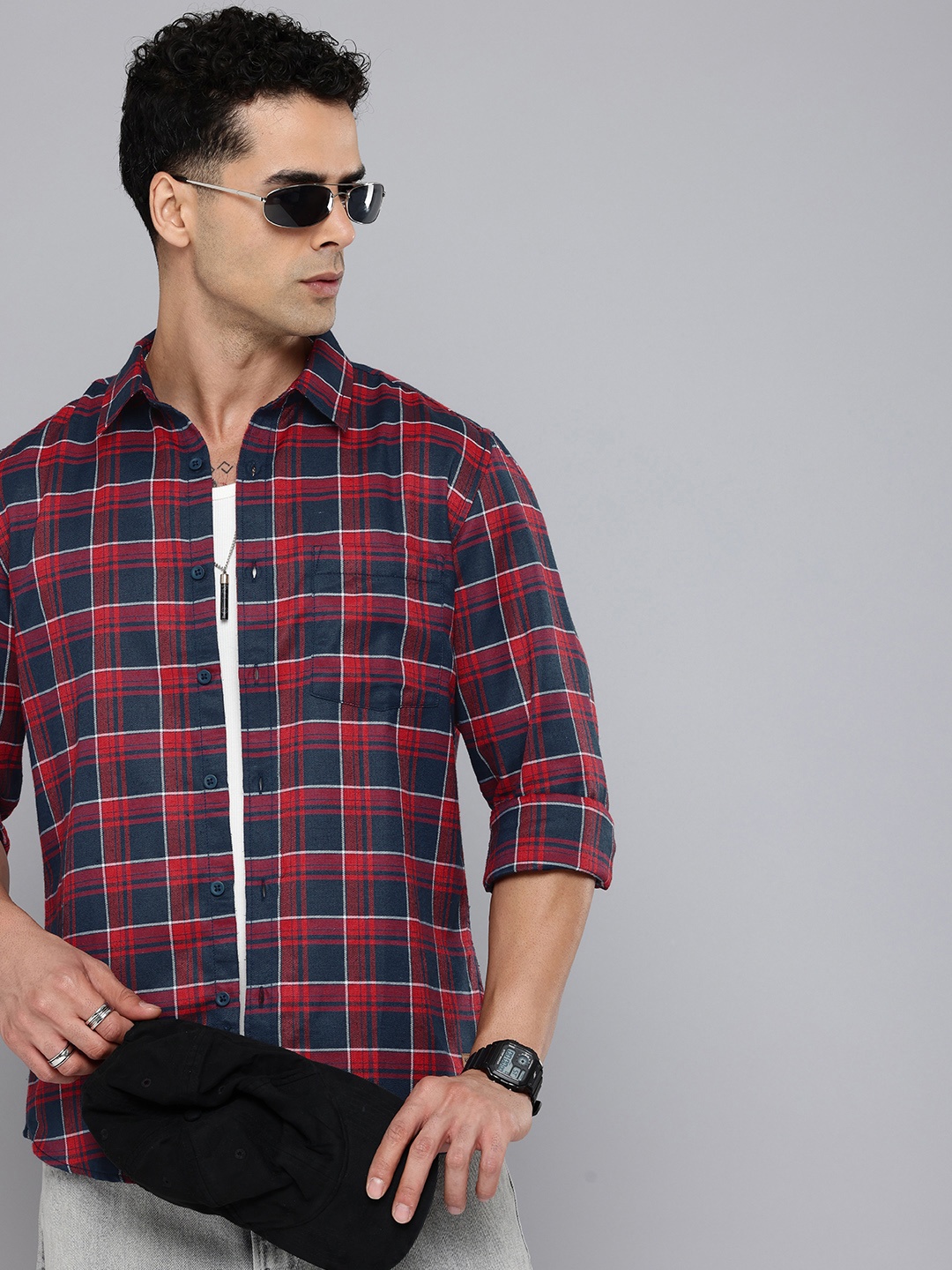 

R.Code by The Roadster Life Co. Opaque Checked Casual Shirt, Navy blue