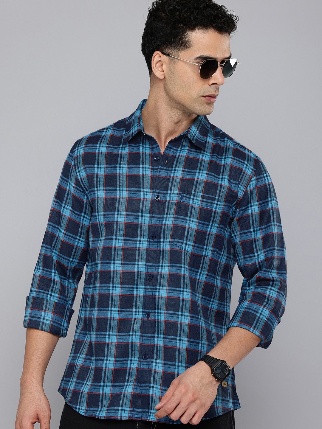 

R.Code by The Roadster Life Co. Opaque Checked Casual Shirt, Navy blue