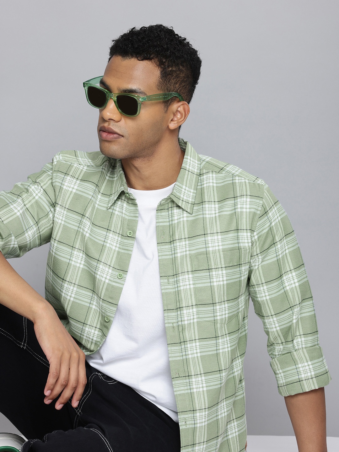 

R.Code by The Roadster Life Co. Opaque Checked Casual Shirt, Green