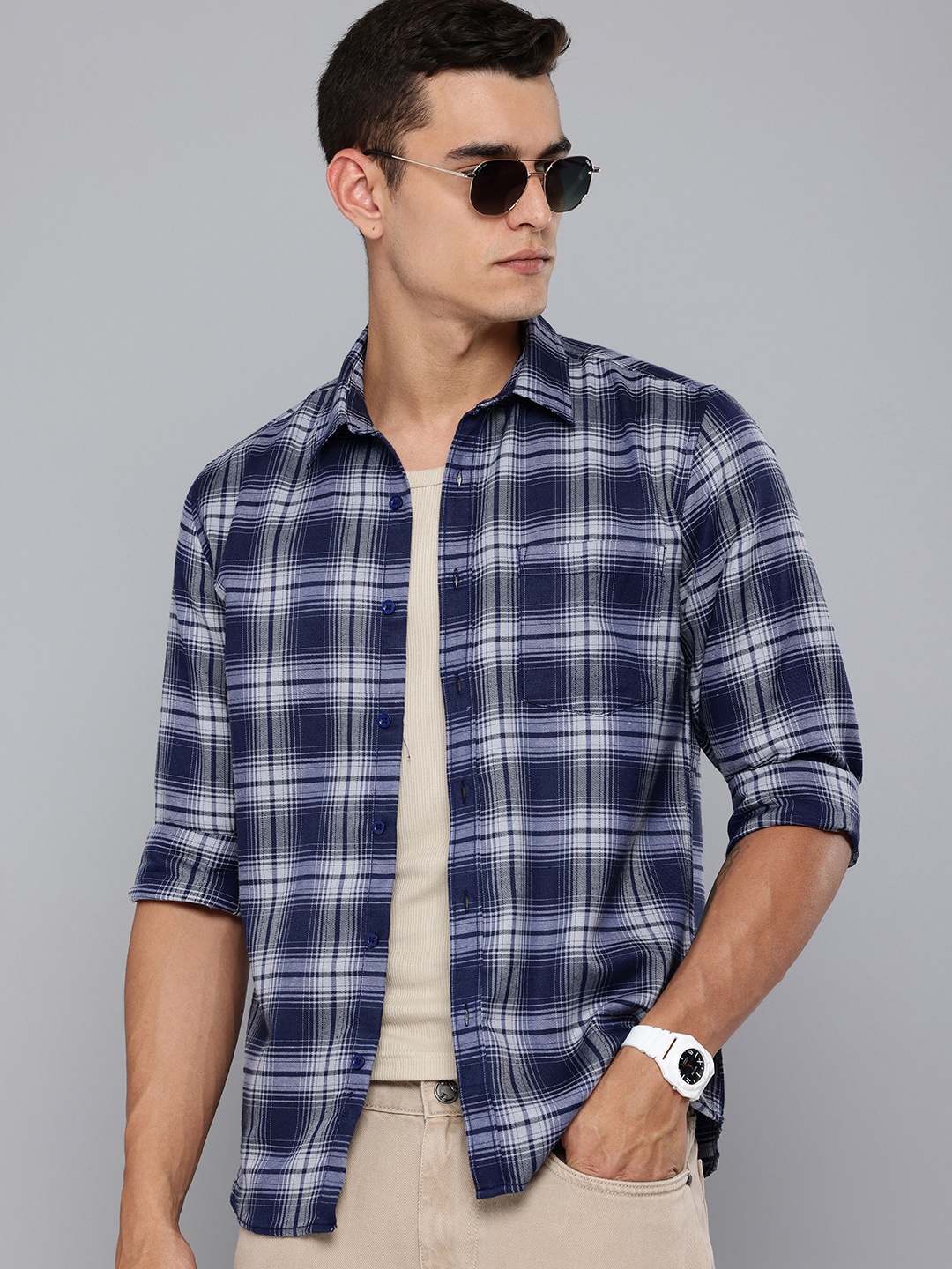 

R.Code by The Roadster Life Co. Opaque Checked Casual Shirt, Navy blue