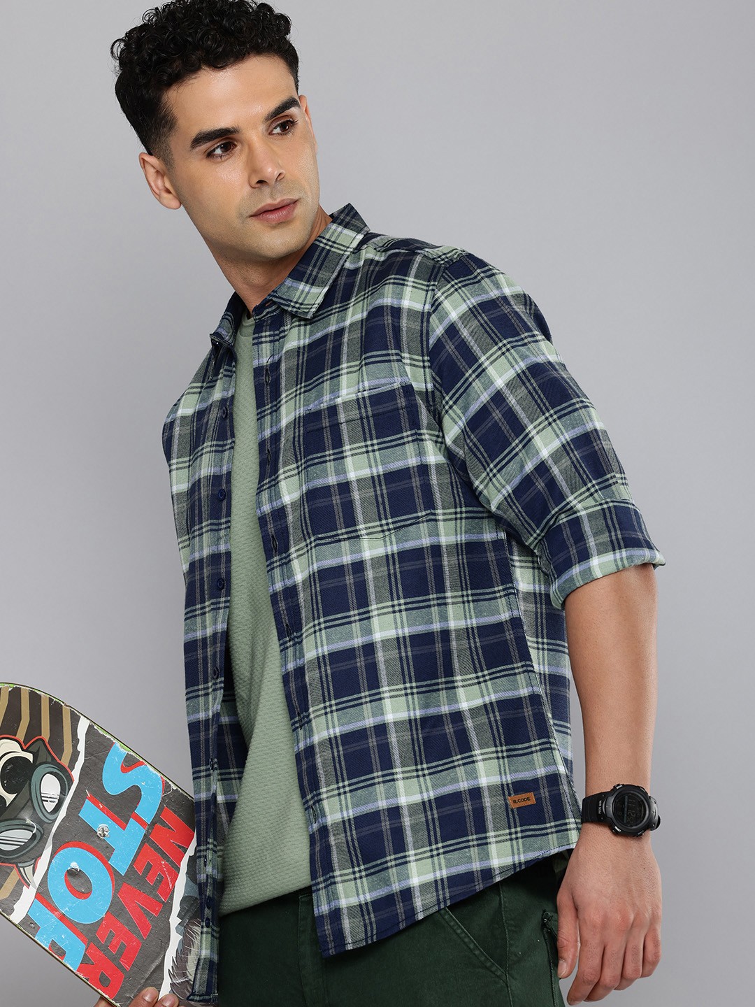 

R.Code by The Roadster Life Co. Tartan Checks Opaque Casual Shirt, Navy blue