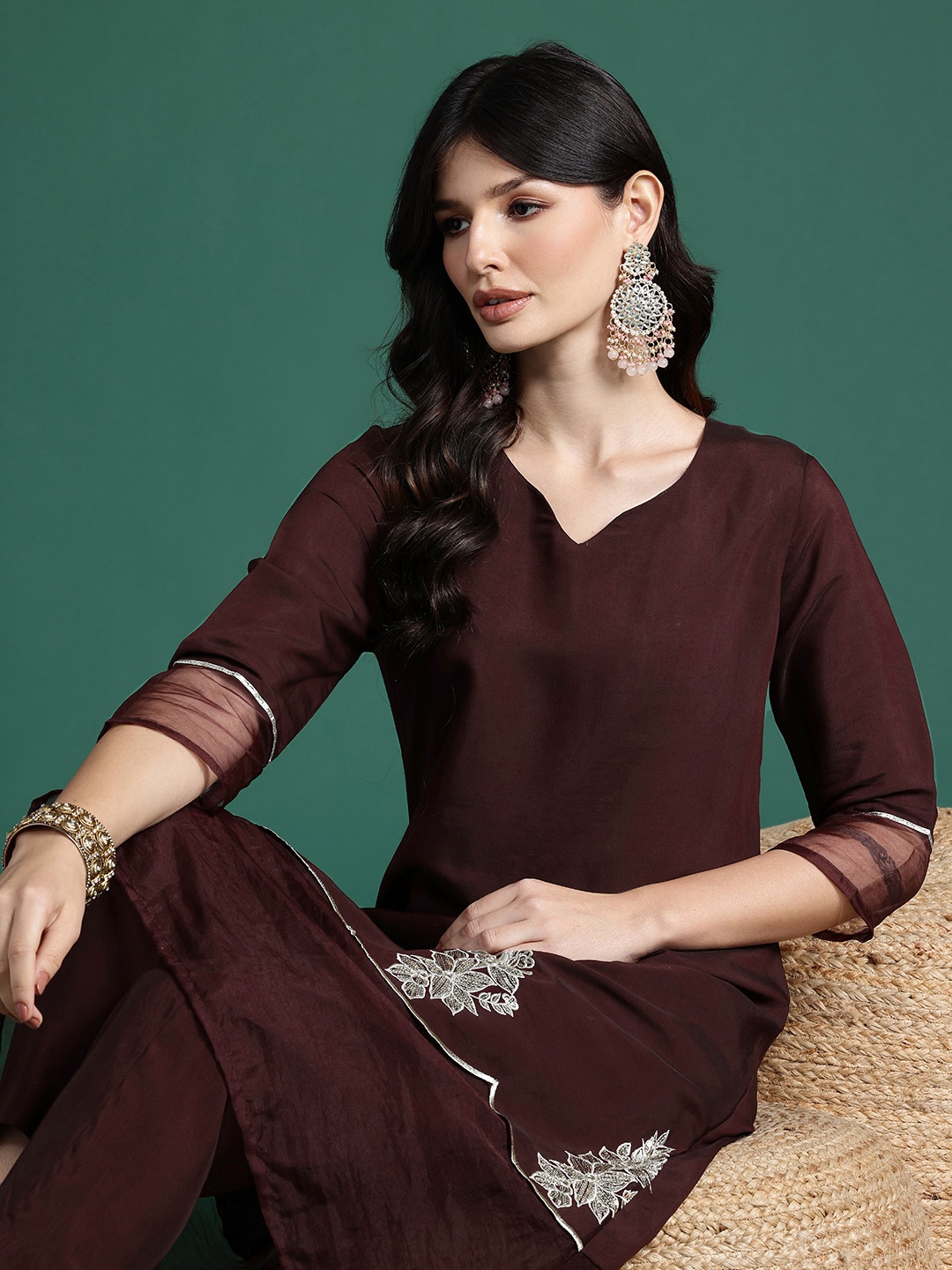 

Sangria Floral Embroidered Regular Sequinned Kurta with Trousers, Brown