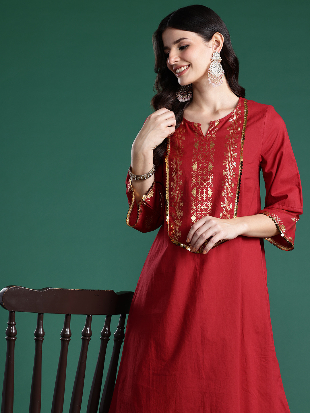 

Sangria Ethnic Motifs Print Pure Cotton Flared Sleeves Sequin Detail Kurta, Red
