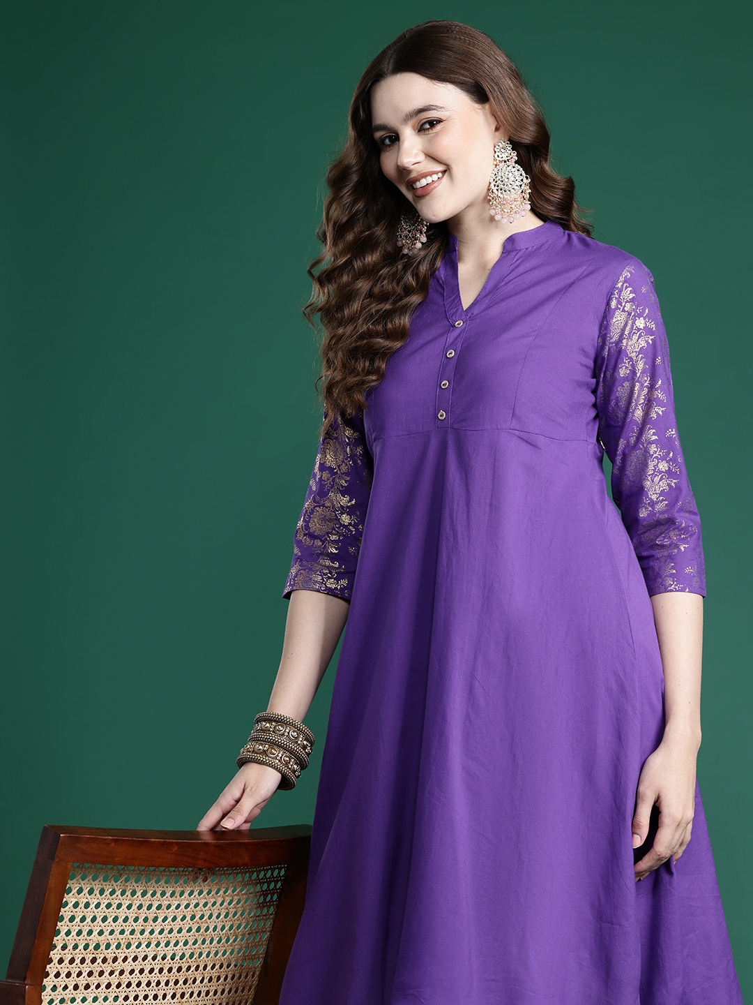 

Sangria Printed Sleeves A-Line Pure Cotton Kurta, Purple
