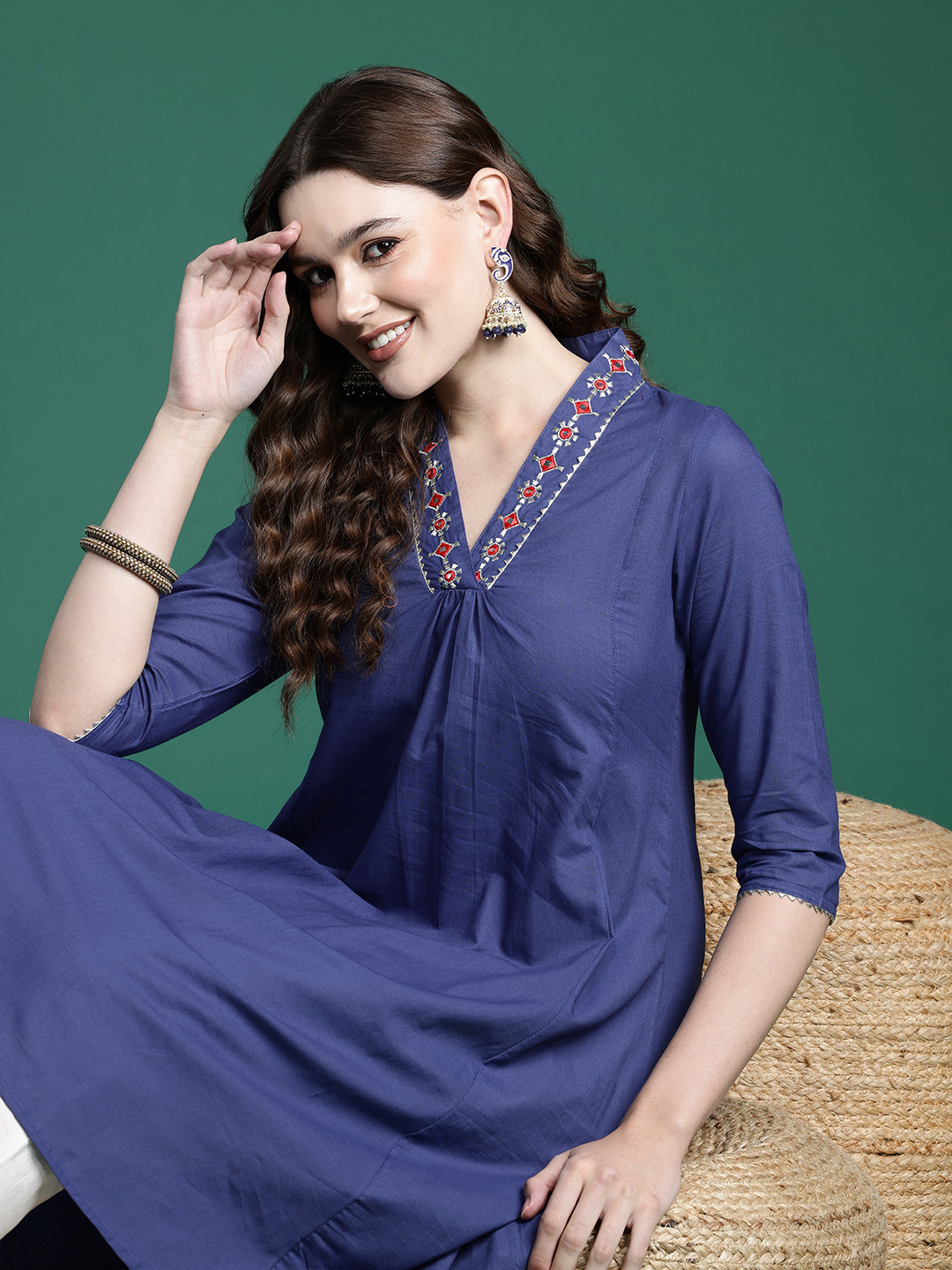 

Sangria Mirror Embroidered Gota Patti Detailed Pure Cotton A-Line Kurta, Blue