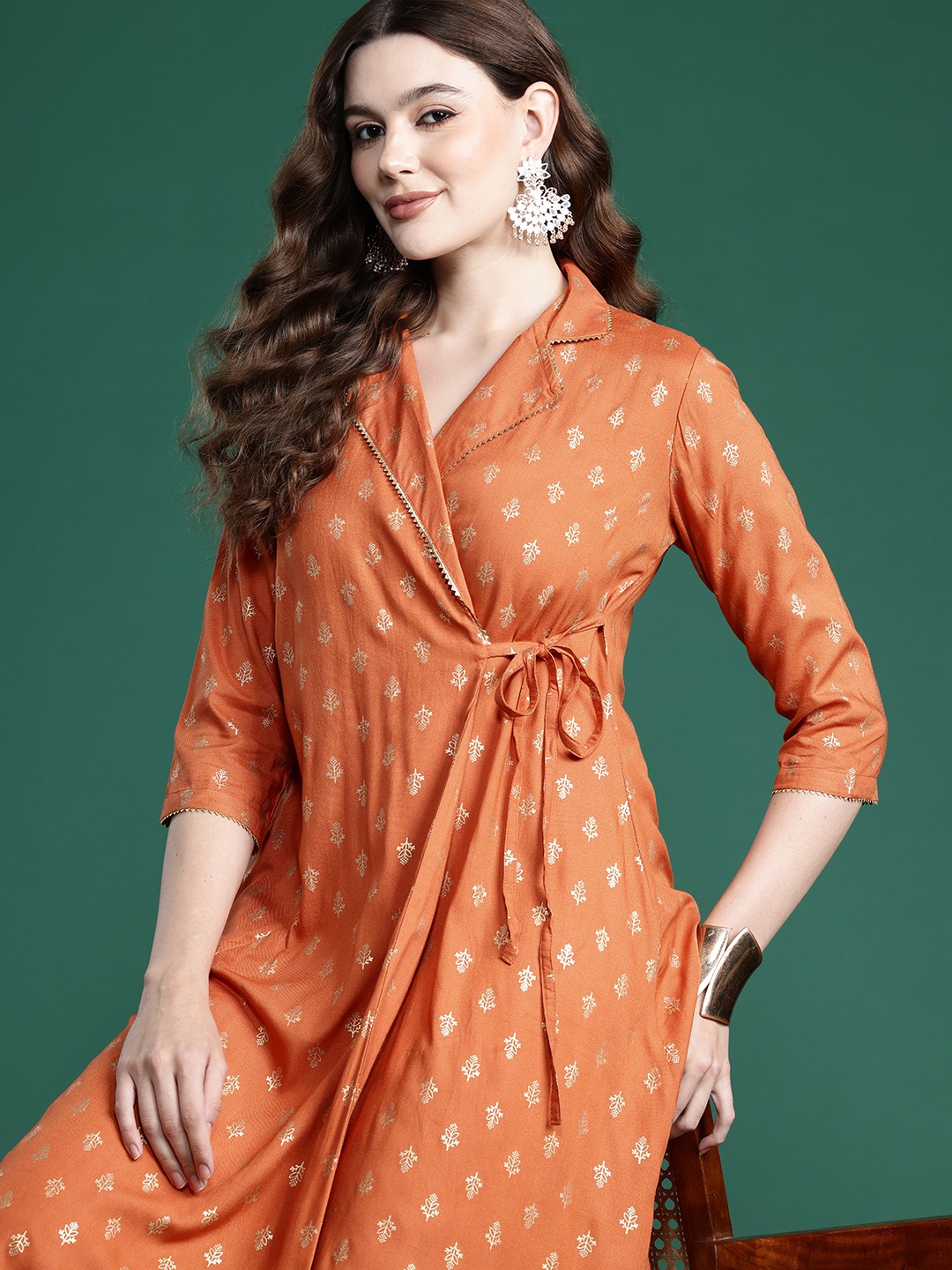 

Sangria Printed Tie-Up Gotta Patti Midi Ethnic Wrap Dress, Rust
