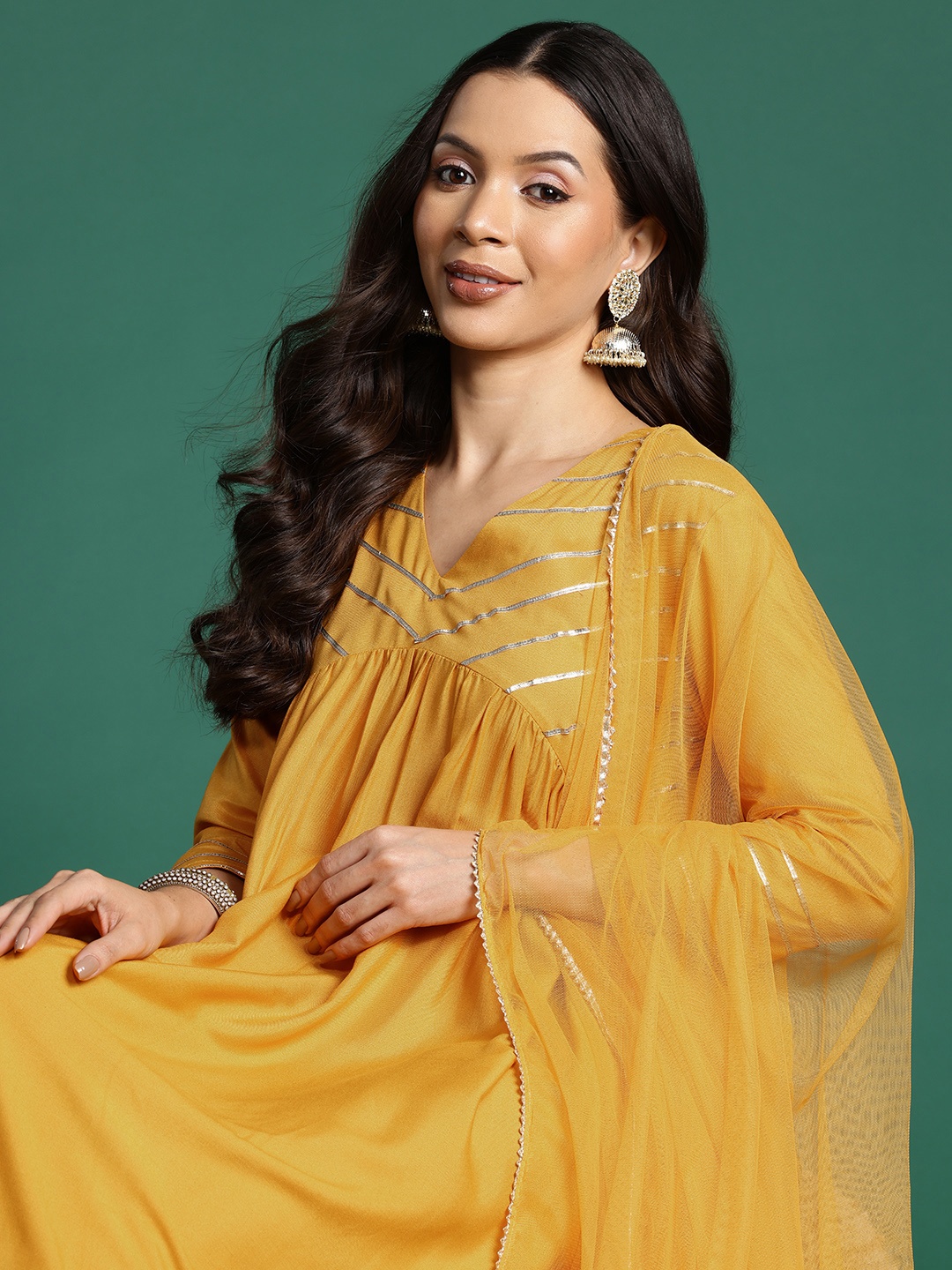 

Sangria Gotta Patti A-Line Midi Dress with Dupatta, Mustard