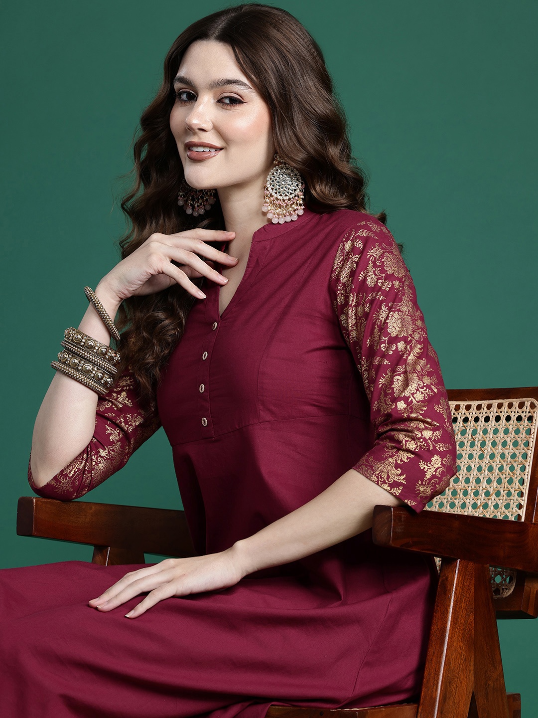 

Sangria Printed Sleeves A-Line Pure Cotton Kurta, Burgundy