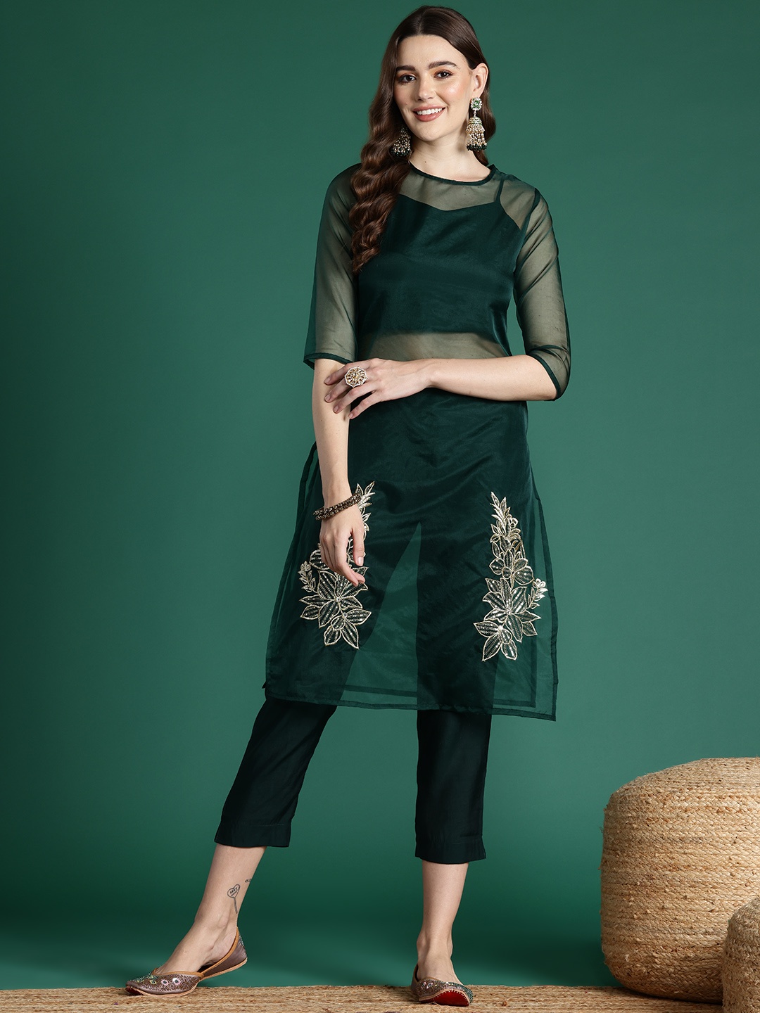 

Sangria Regular Thread Work Sheer Kurta With Trousers, Green
