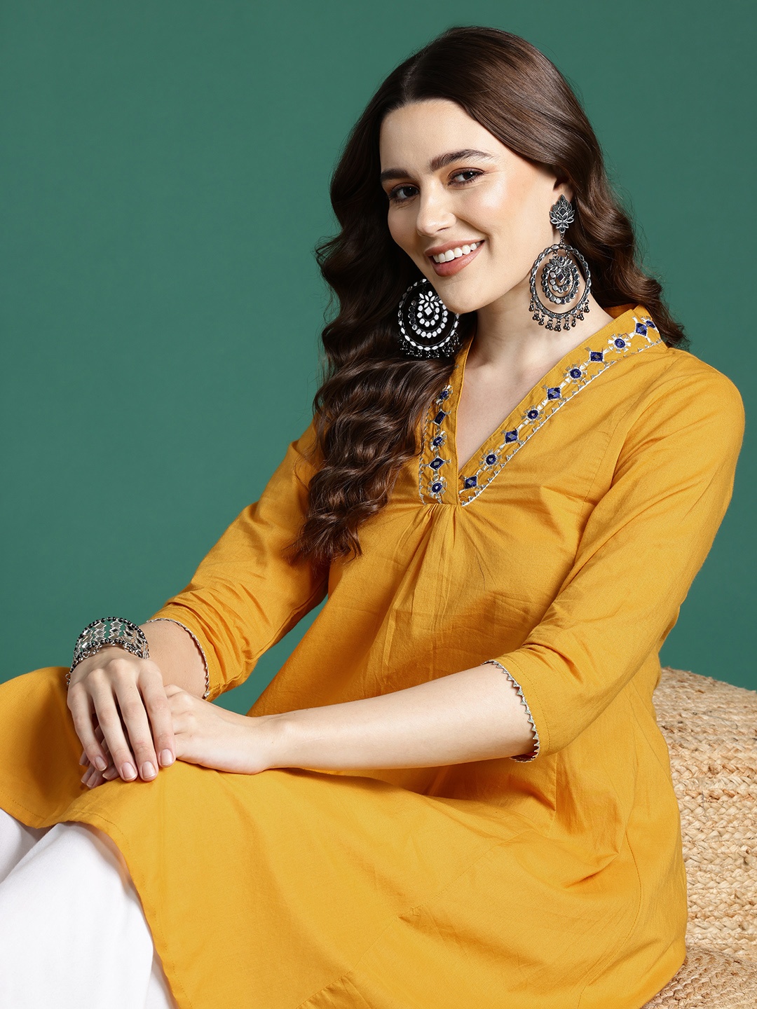 

Sangria Mirror Work A-line Kurta, Yellow