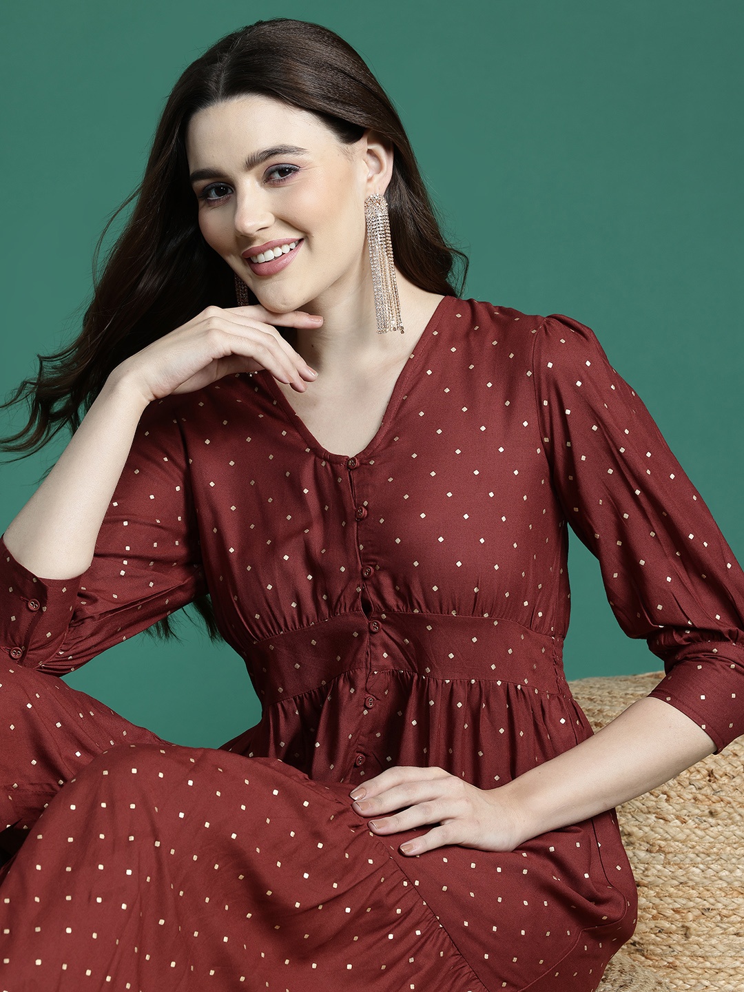 

Sangria Printed Puff Sleeve Fit & Flare Midi Dress, Maroon