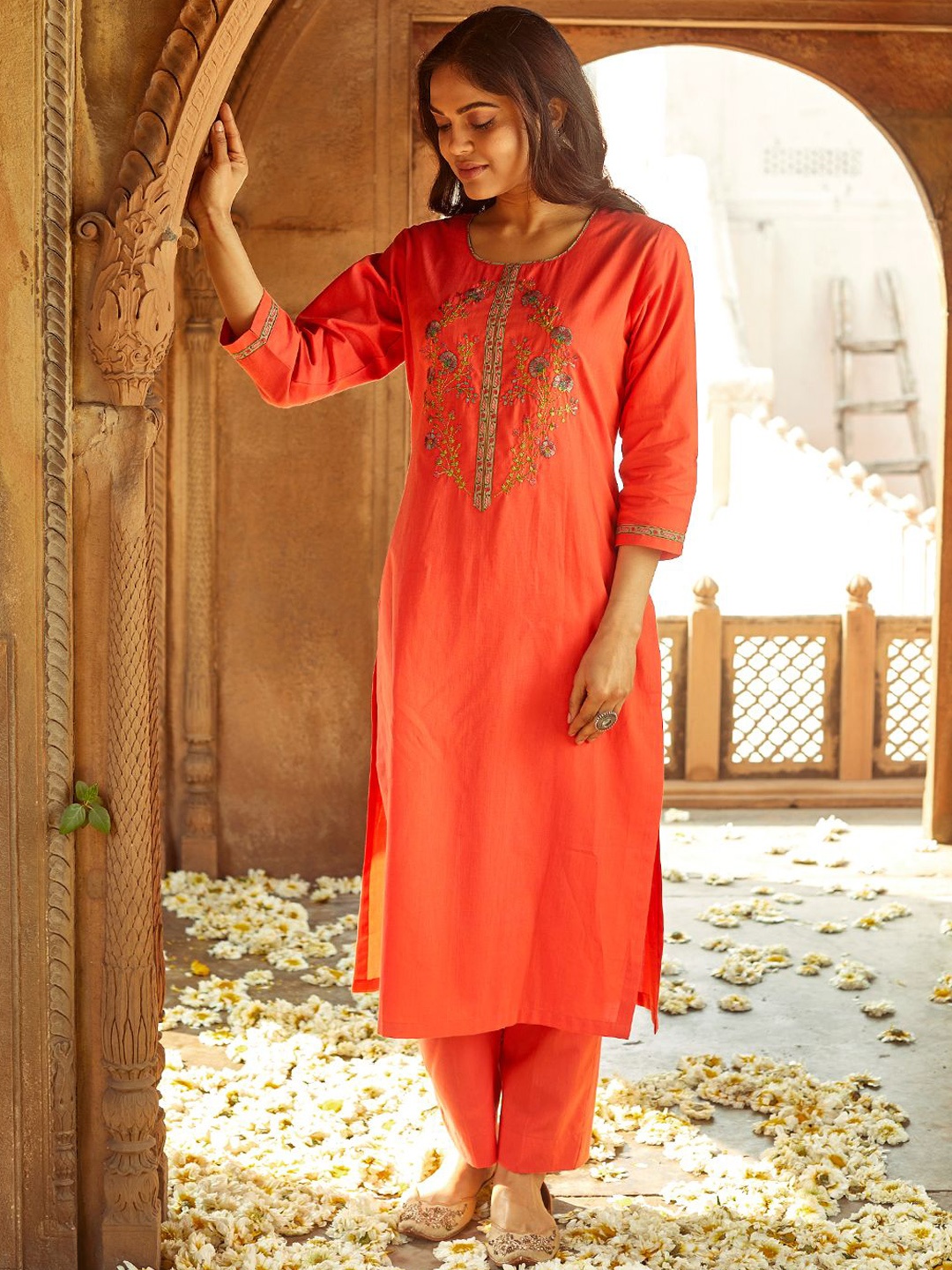 

WOMEN PLUS Floral Yoke Design Round Neck Thread Work Cotton Straight Kurta, Orange