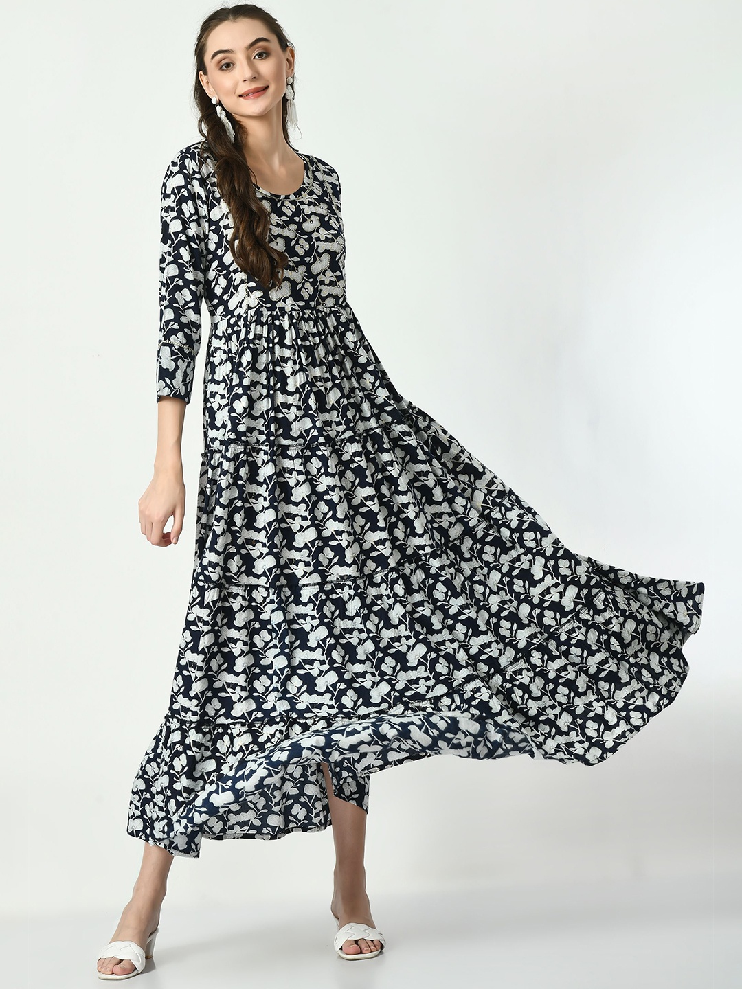 

AnjuShree Choice Floral Printed Embellished Fit and Flare Ethnic Dresses, Blue