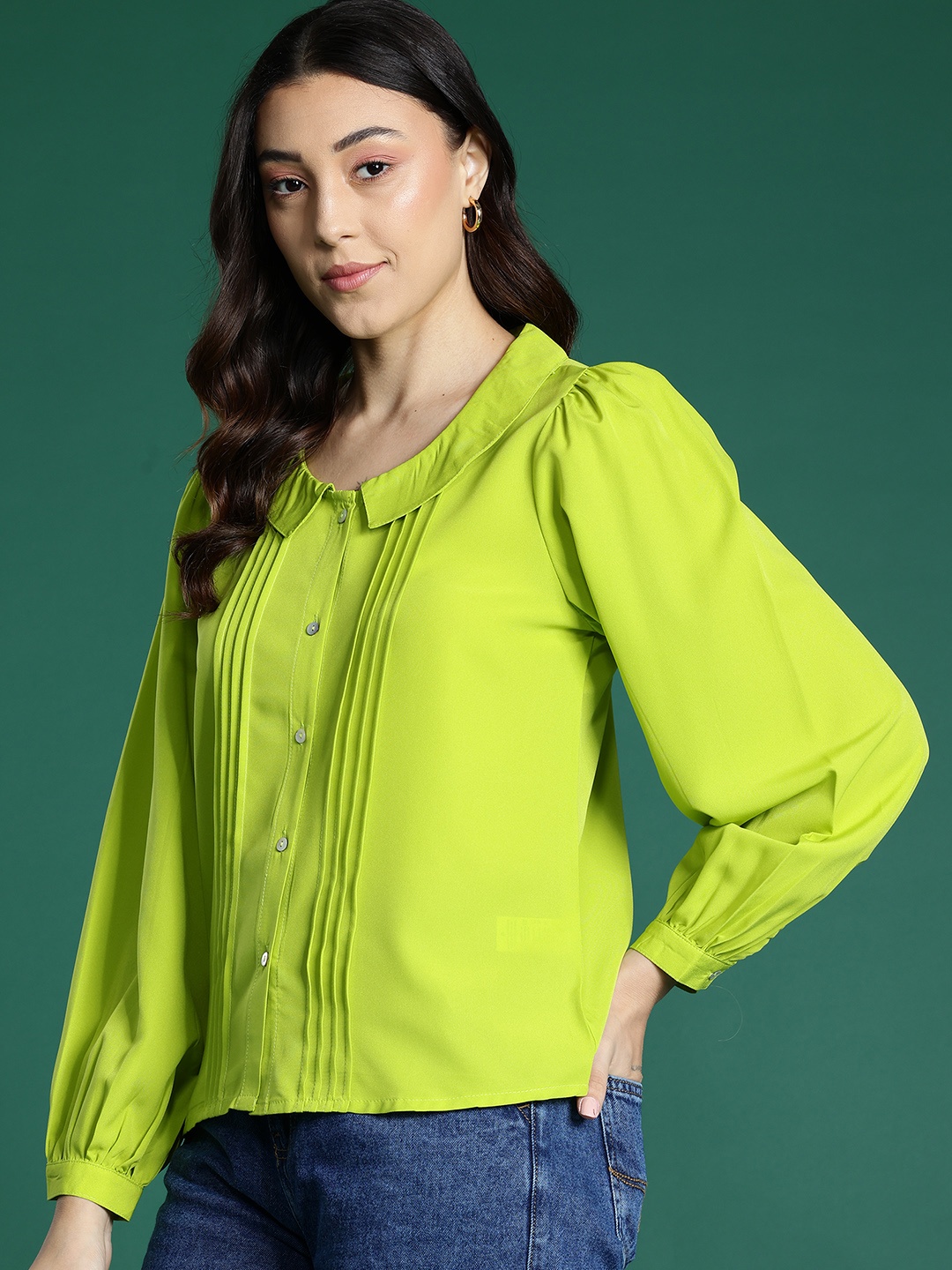 

DressBerry Pin Tucks Peter Pan Collar Shirt, Lime green