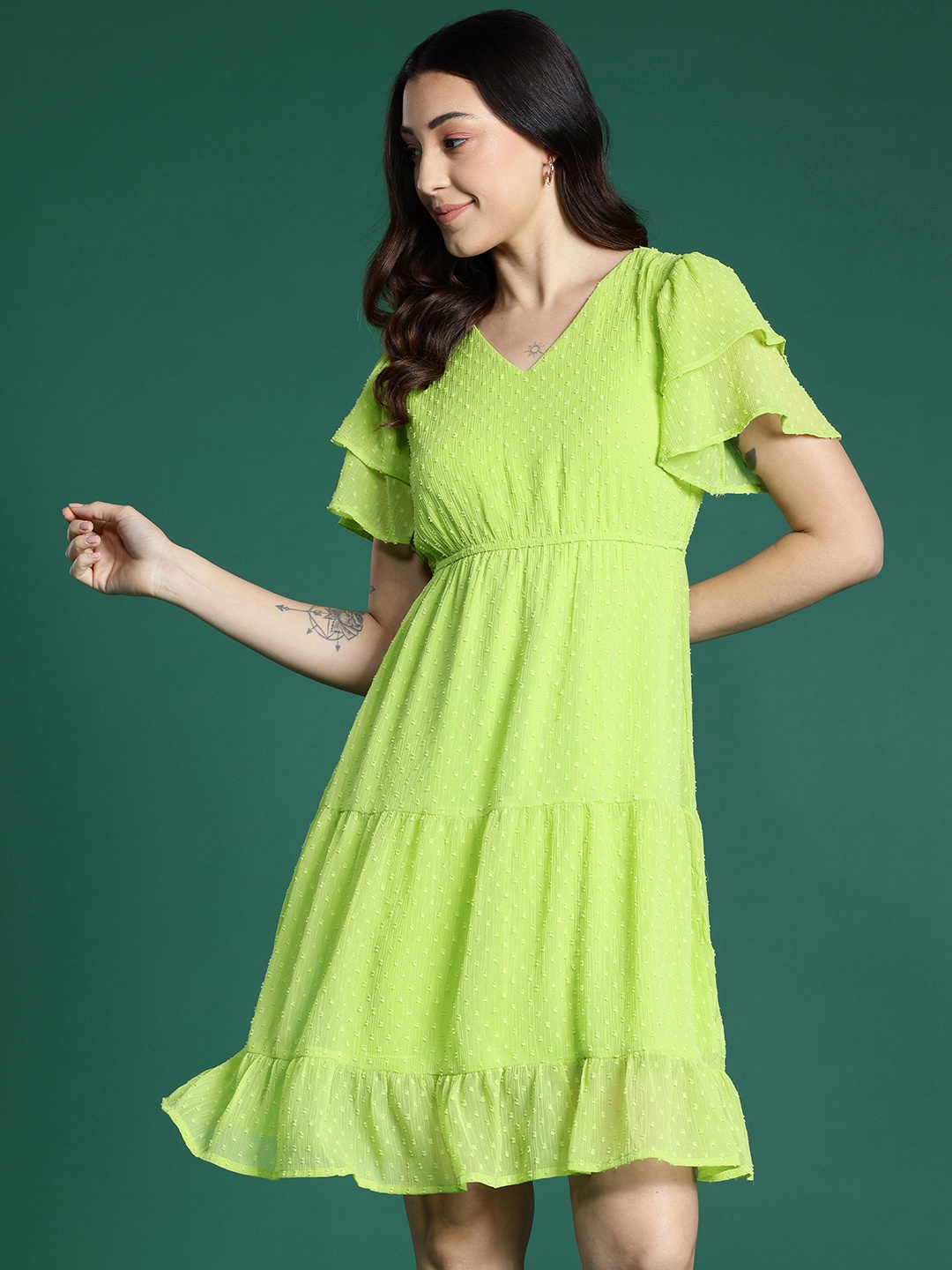 

DressBerry Dobby Weave A-Line Mini Dress, Lime green