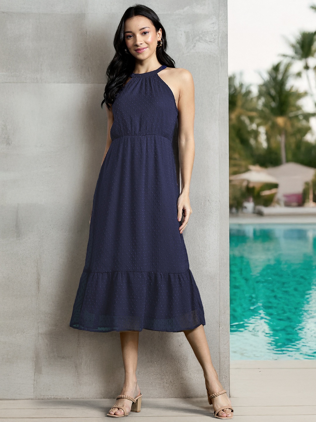 

DressBerry Dobby A-Line Midi Dress, Navy blue