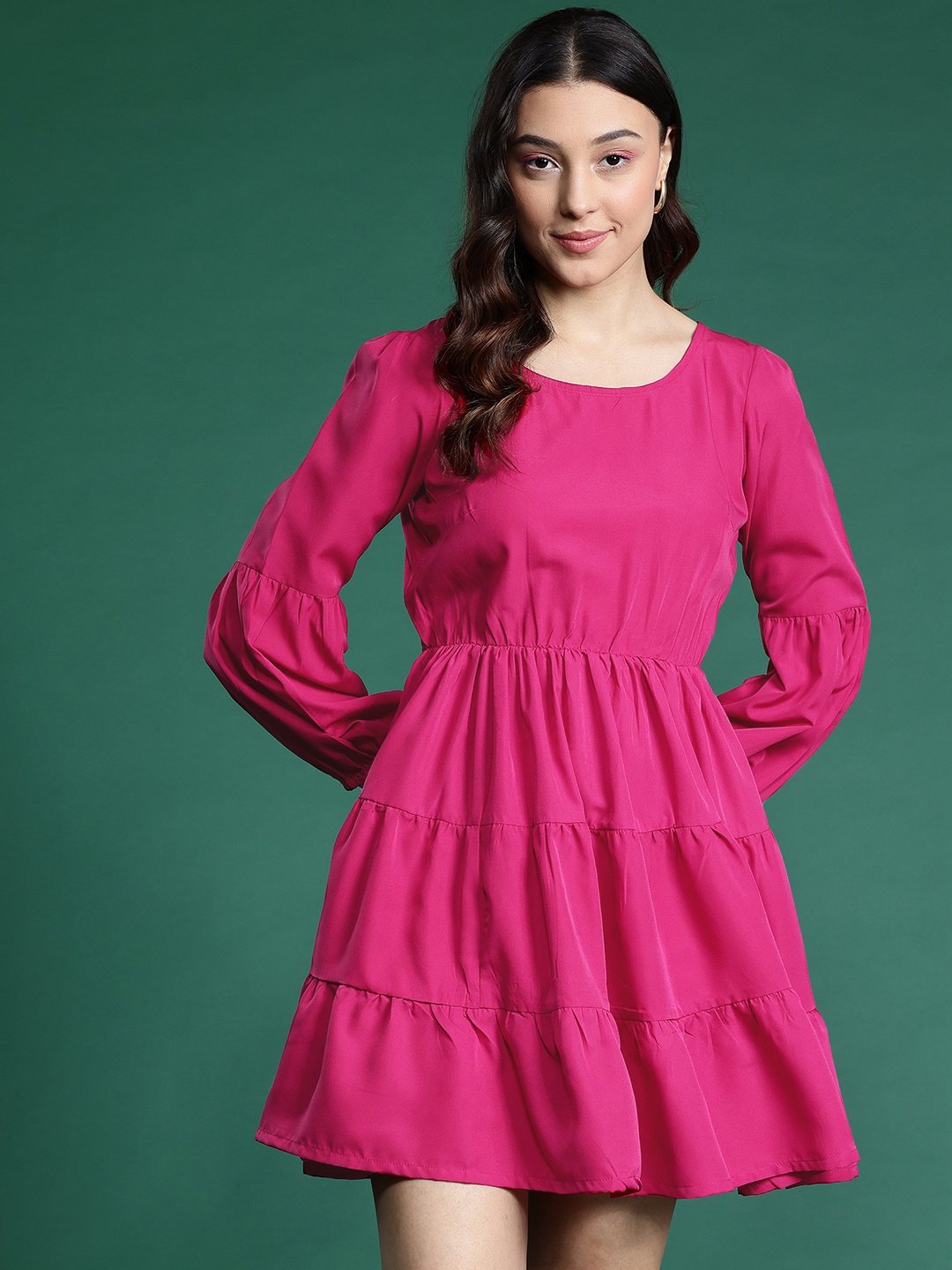 

DressBerry Puff Sleeves Tiered Fit & Flare Dress, Fuchsia