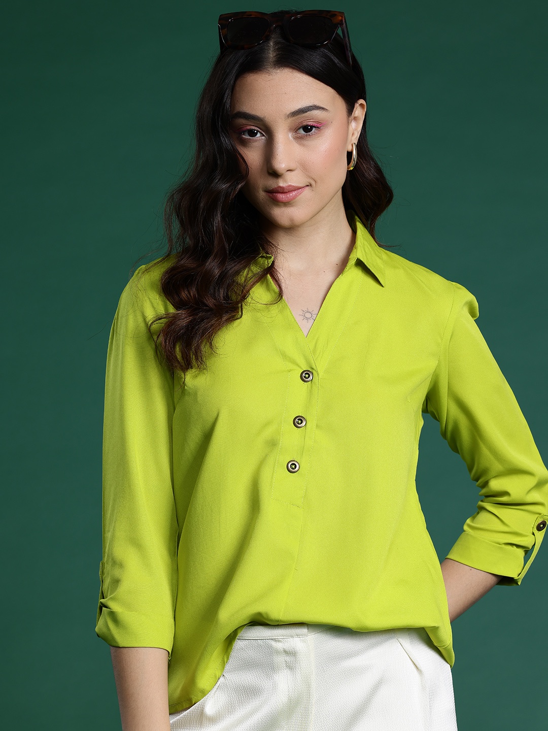 

DressBerry Roll-Up Sleeves Shirt Style Top, Lime green