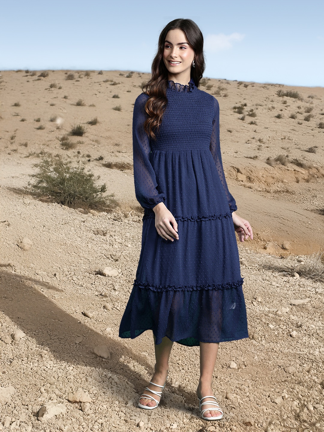 

DressBerry Schiffli Smocked Tiered A-Line Midi Dress, Navy blue