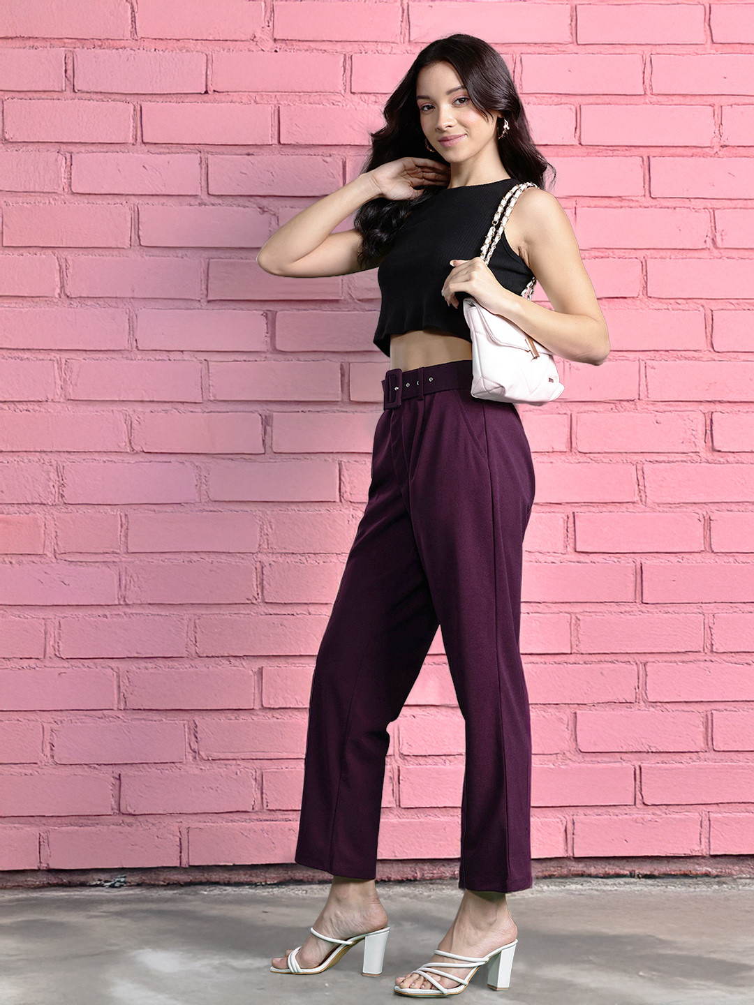 

DressBerry Bizwear Women High-Rise Pleated Trousers, Burgundy