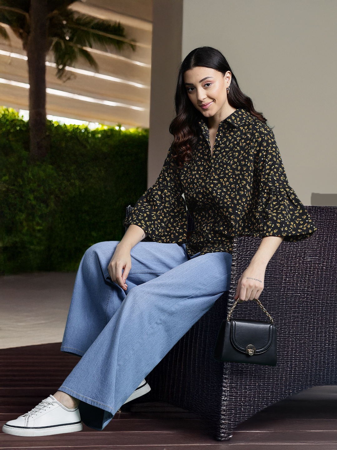 

DressBerry Opaque Printed Bell Sleeves Casual Shirt, Black