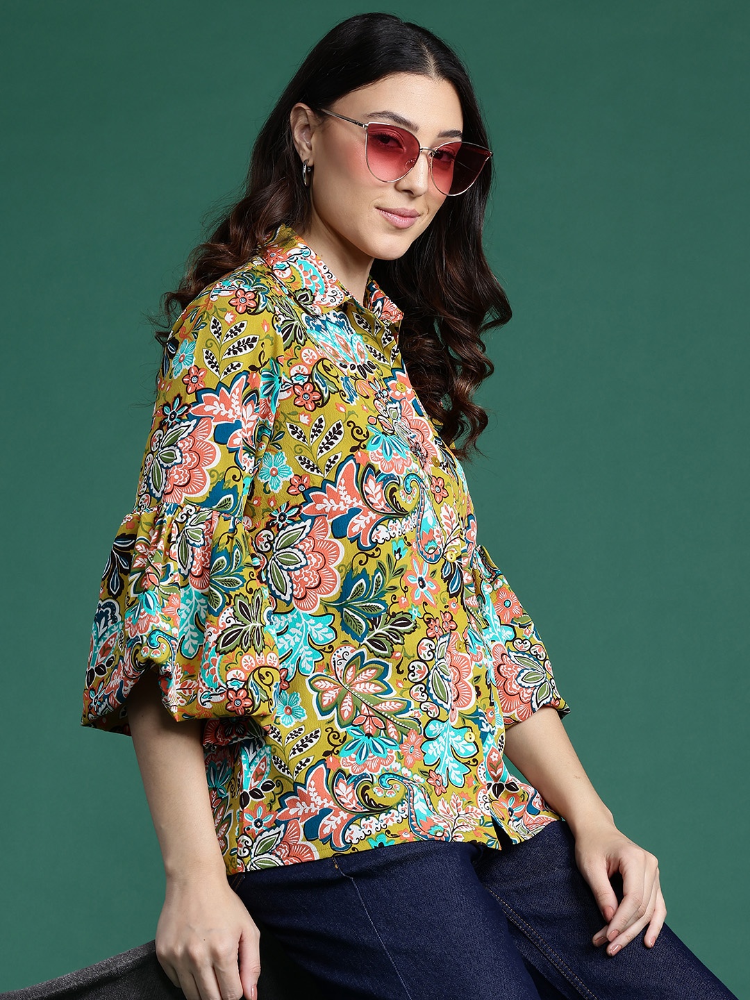 

DressBerry Floral Opaque Printed Bell Sleeves Casual Shirt, Green