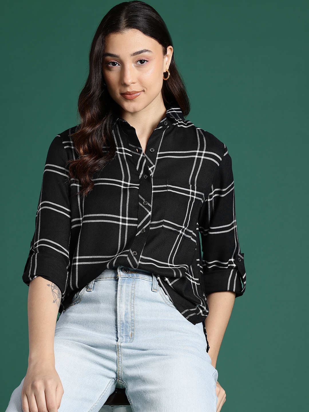 

DressBerry Basics Checked Roll-Up Sleeve Monochrome Shirt, Black