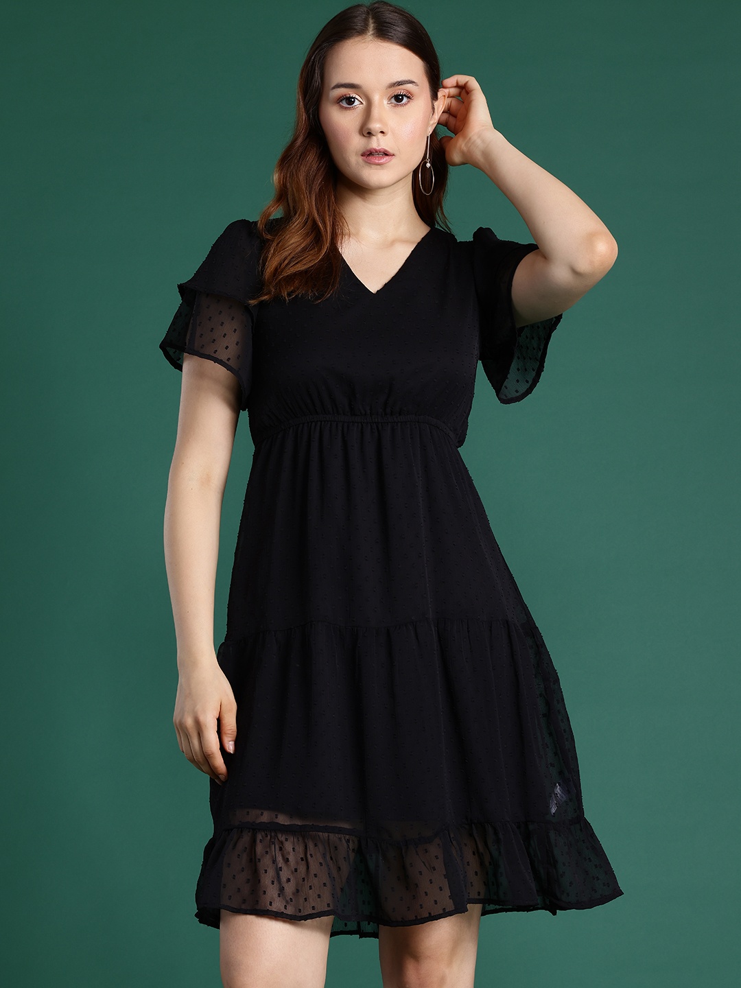 

DressBerry Dobby Weave Tiered Mini Dress, Black