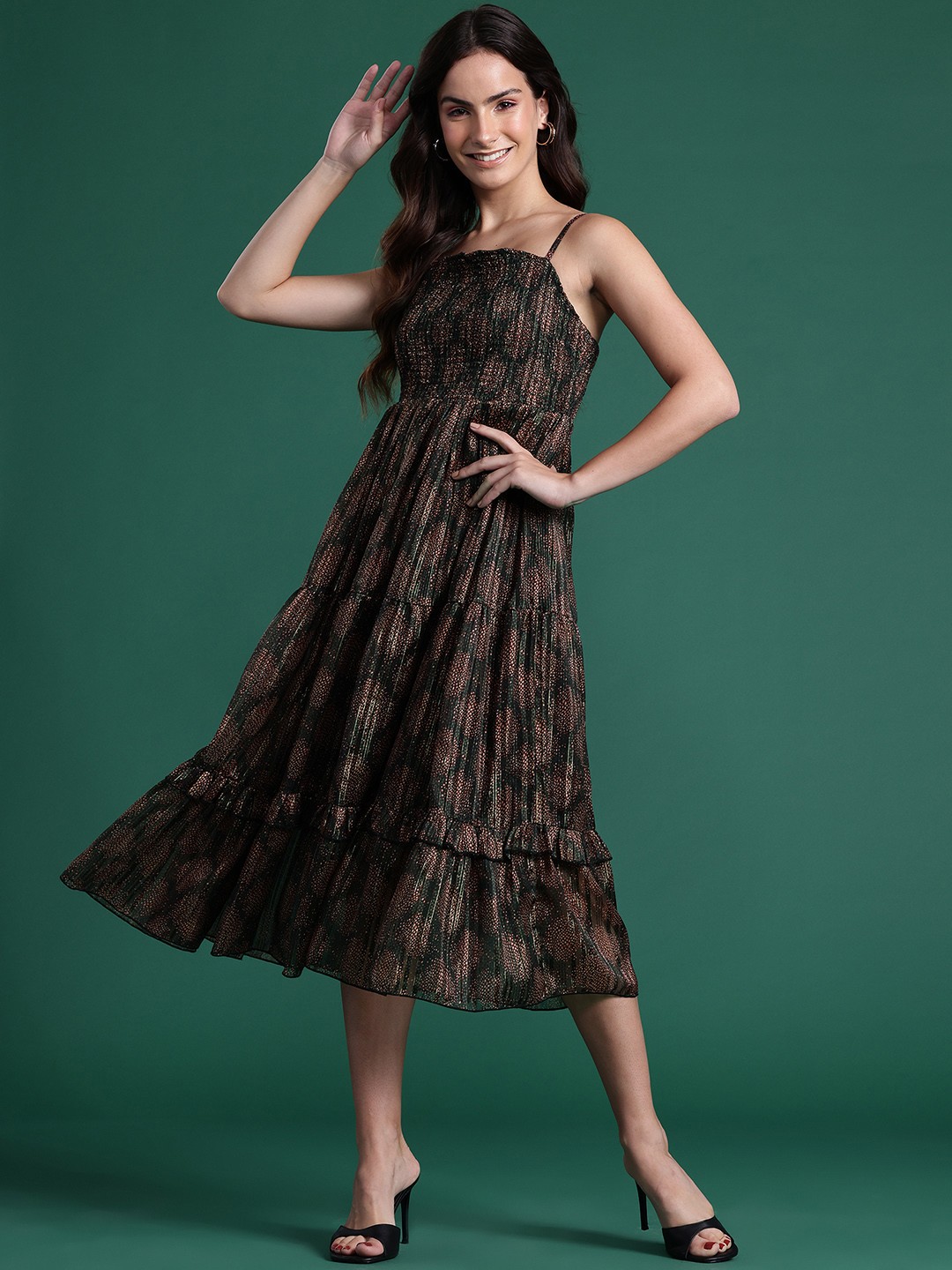 

DressBerry Printed A-Line Midi Dress, Green