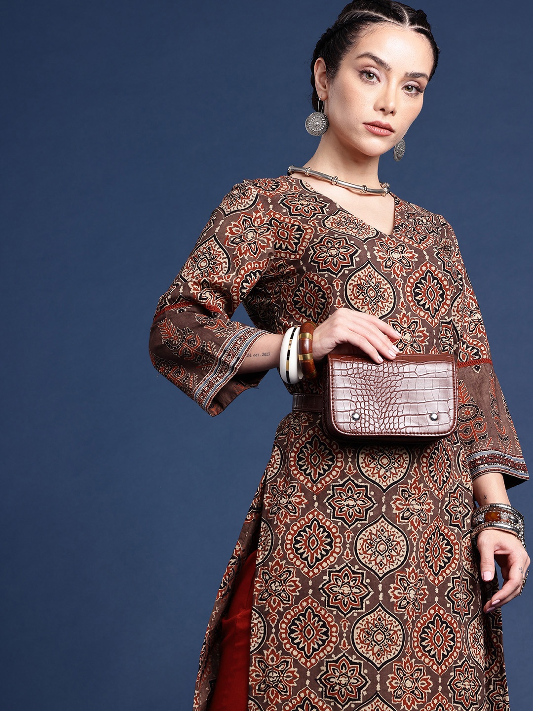 

Taavi Pure Cotton Printed Ajrakh Kurta With Trousers, Brown