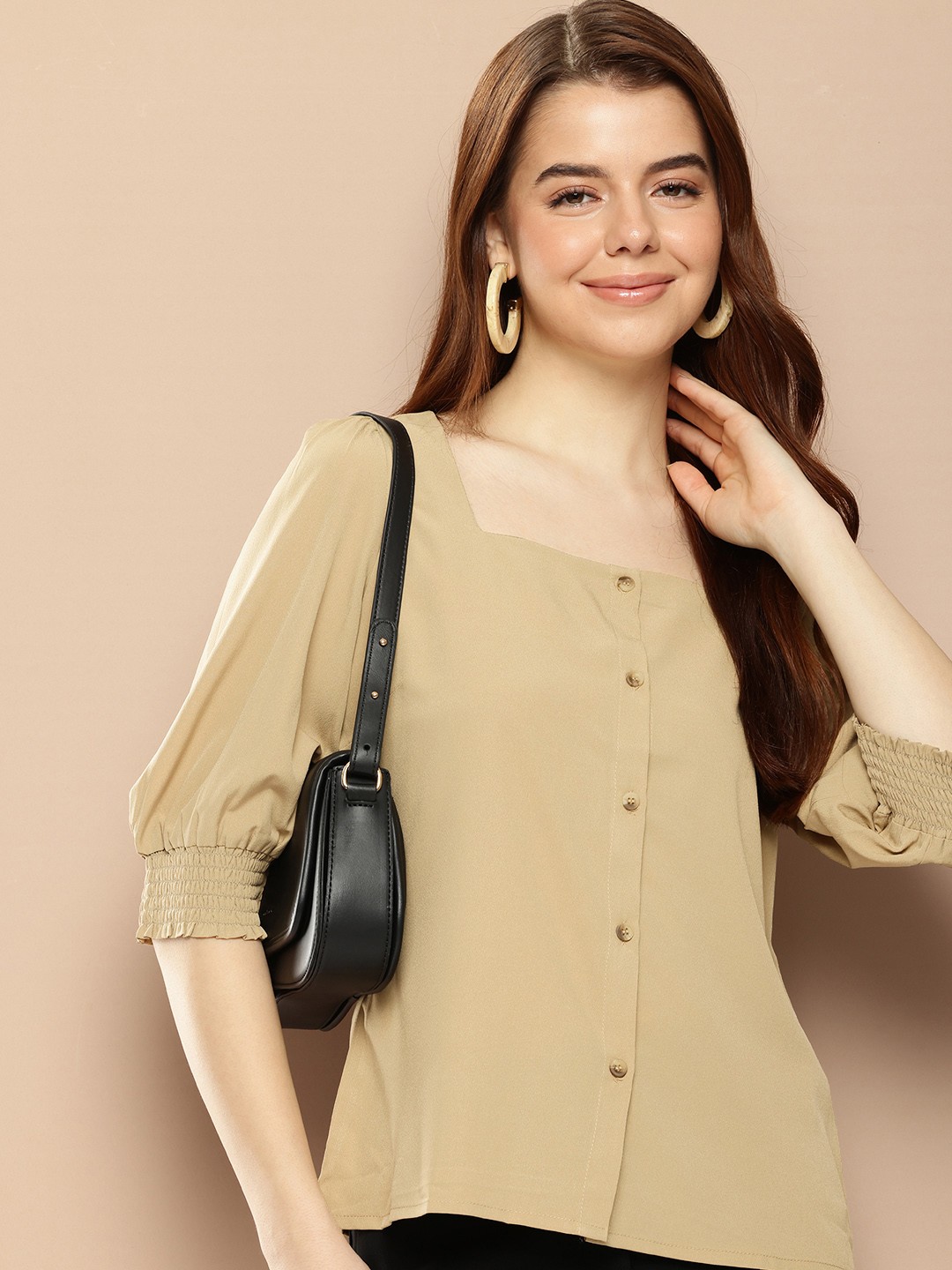 

encore by INVICTUS Puff Sleeves Top, Beige