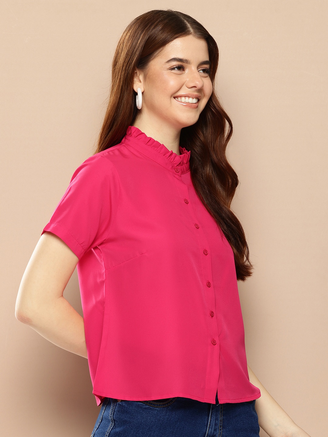 

encore by INVICTUS Band Collar With Ruffle Detailed Casual Shirt, Fuchsia