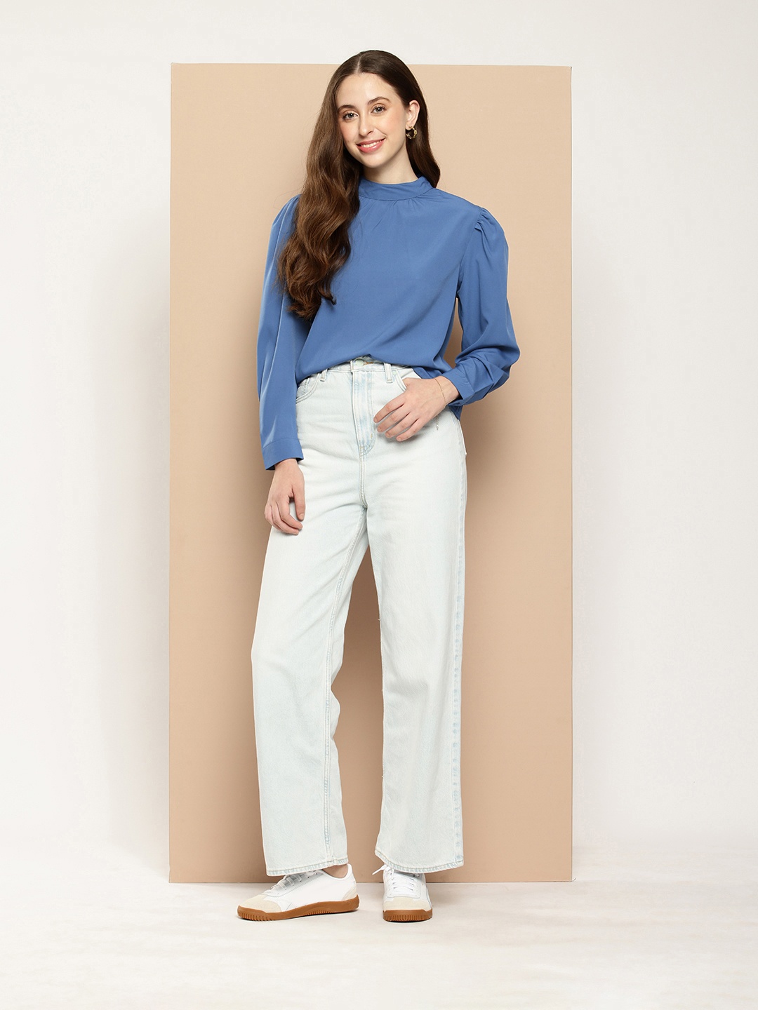encore by INVICTUS High Neck Cuffed Sleeves Top, Blue