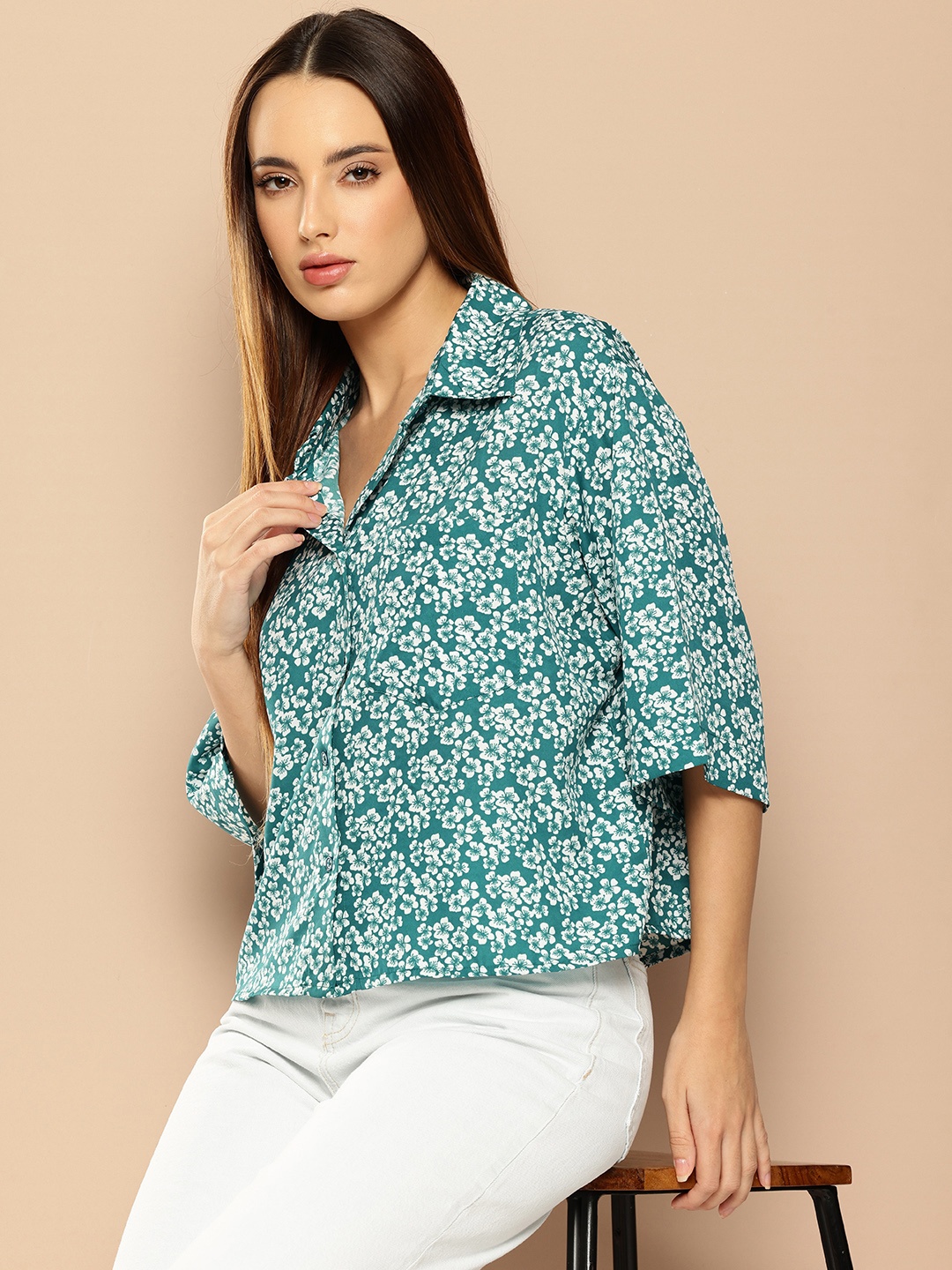 

encore by INVICTUS Floral Printed Oversized Casual Shirt, Blue