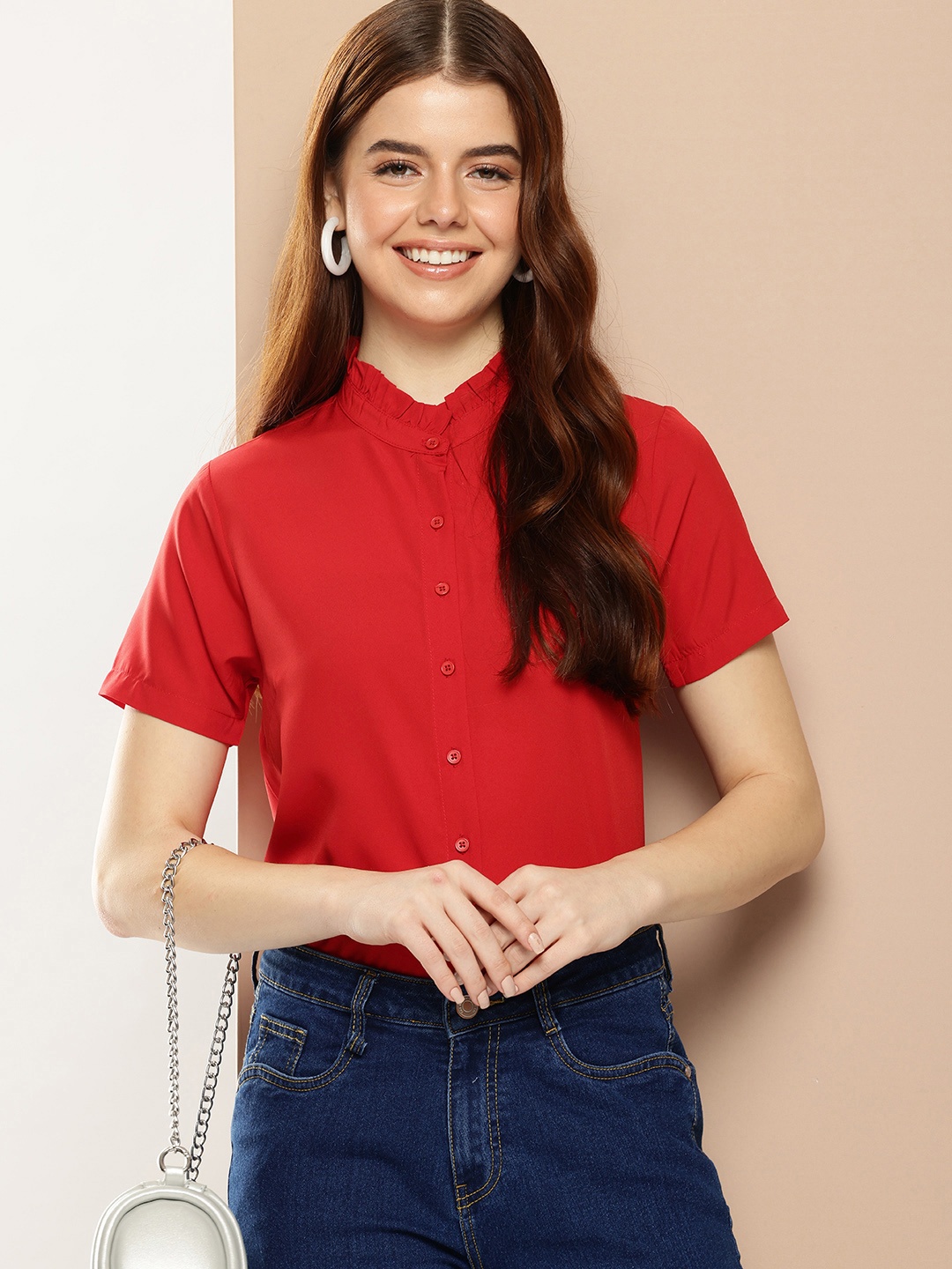 

encore by INVICTUS Band Collar With Ruffle Detailed Casual Shirt, Red