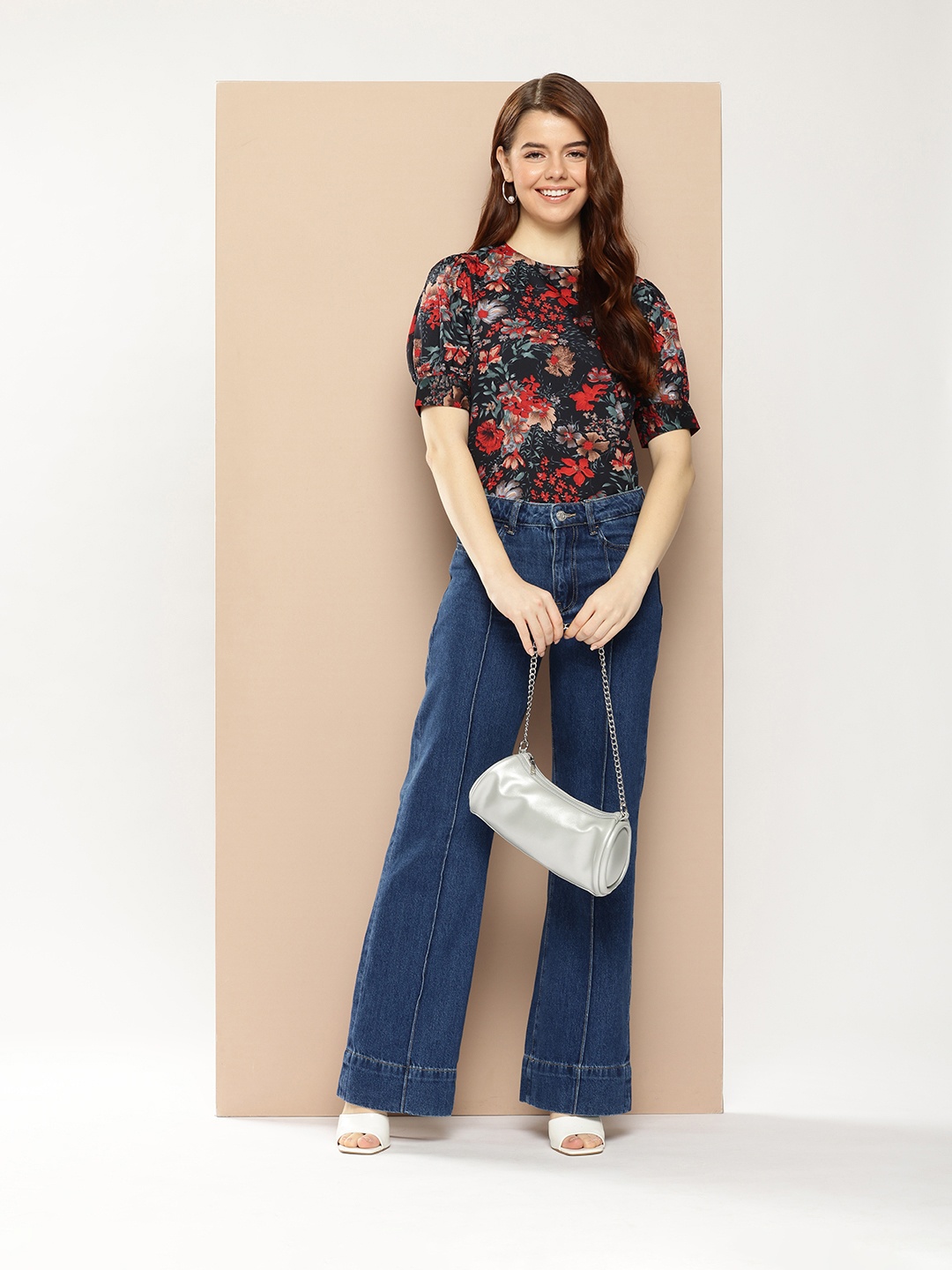 

encore by INVICTUS Floral Printed Cuffed Sleeves Top, Navy blue