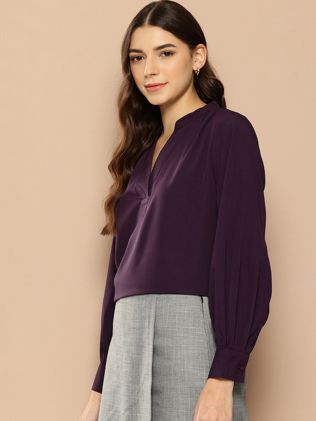 

encore by INVICTUS Cuffed Sleeves Mandarin Collar Top, Purple