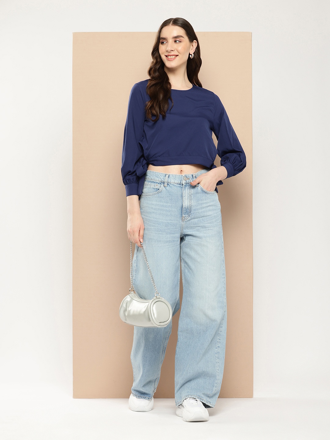 

encore by INVICTUS Tie-Up Detailed Cuffed Sleeves Top, Blue