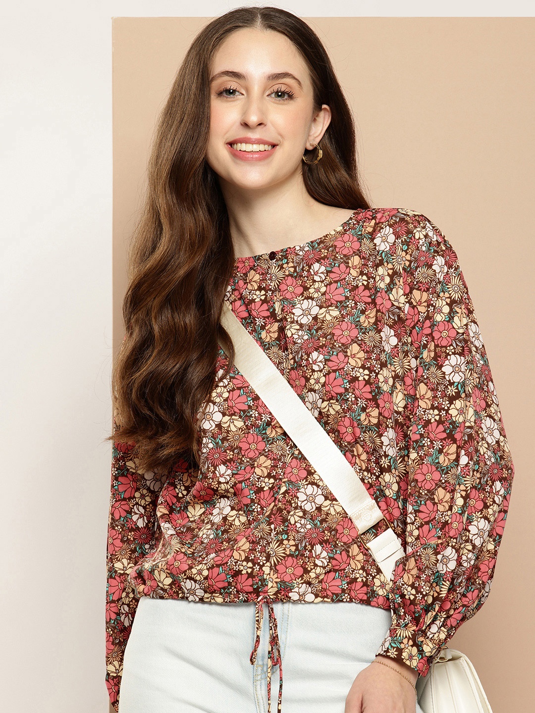 

encore by INVICTUS Floral Printed Keyhole Neck Cuffed Sleeves Top, Brown