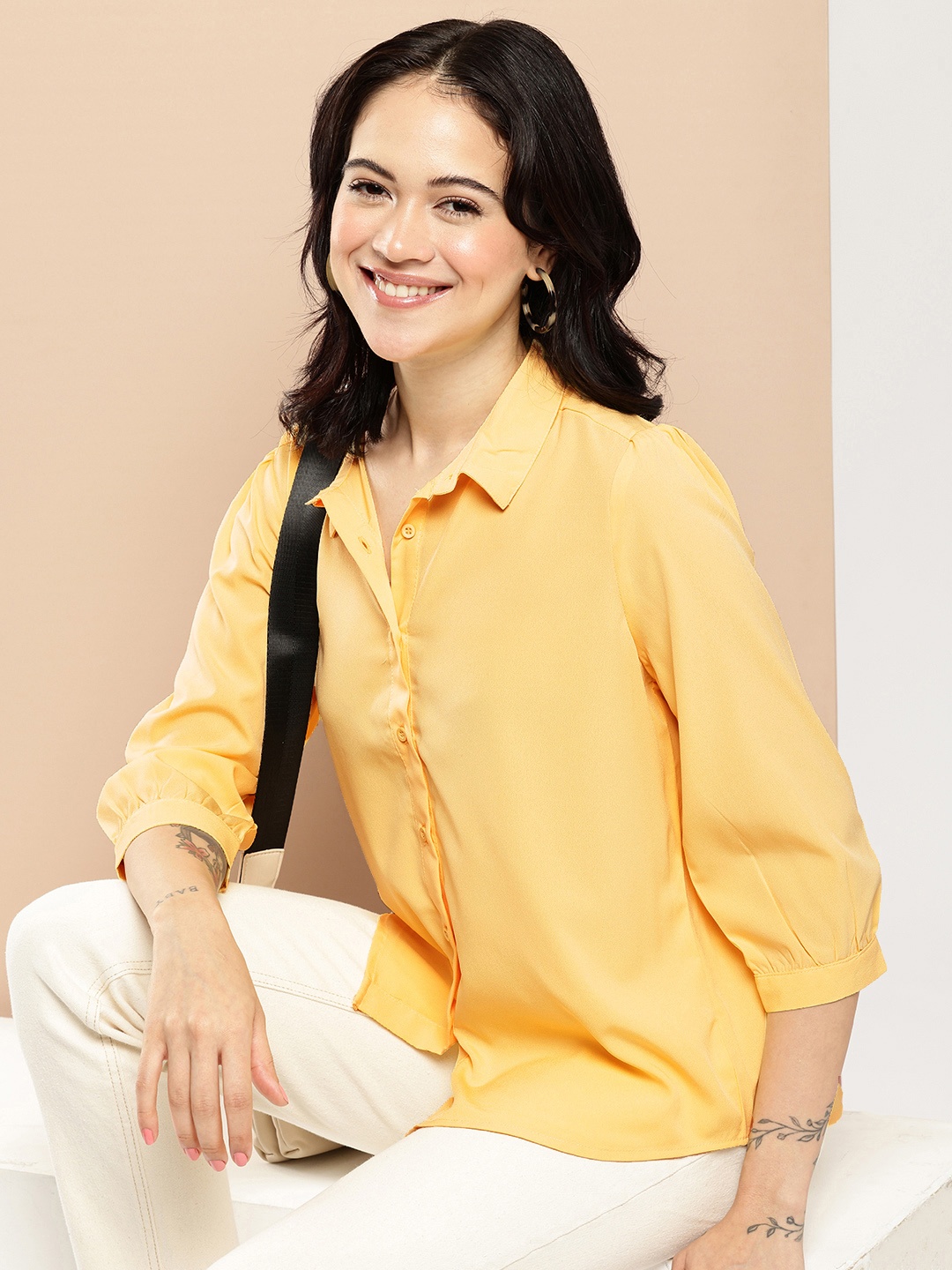 encore by INVICTUS Spread Collar Opaque Casual Shirt, Yellow