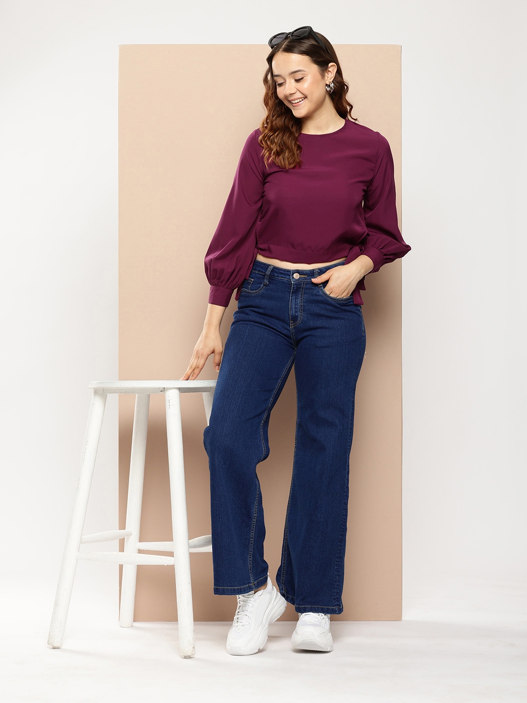 

encore by INVICTUS Cuffed Sleeves Crop Top, Burgundy