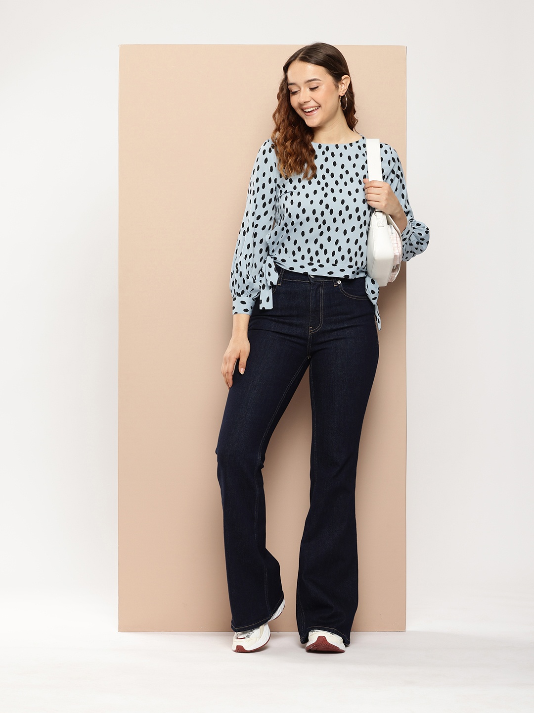 encore by INVICTUS Geometric Print Cuffed Sleeves Crop Top, Blue